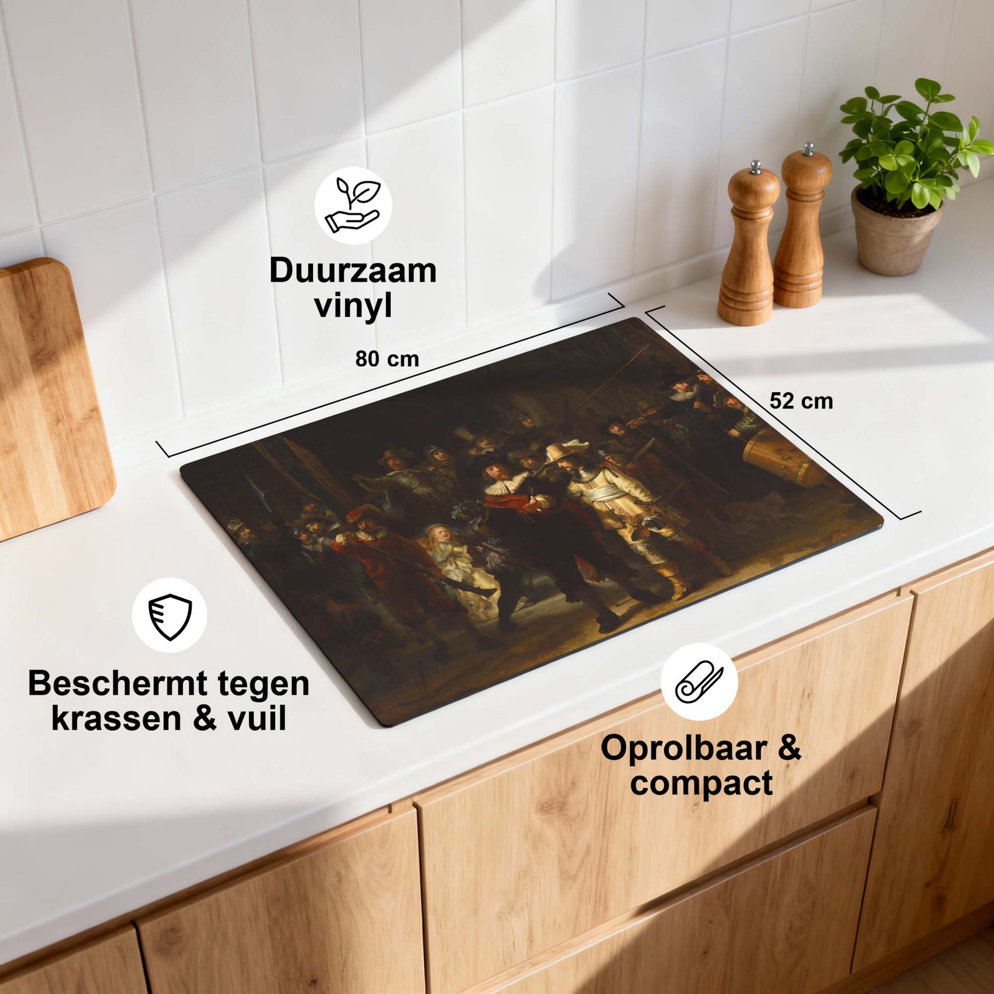 Nachtwacht– Inductie Beschermer met De Nachtwacht afbeelding, duurzaam vinyl, 80x52 cm, beschermt tegen krassen, oprolbaar en compact.