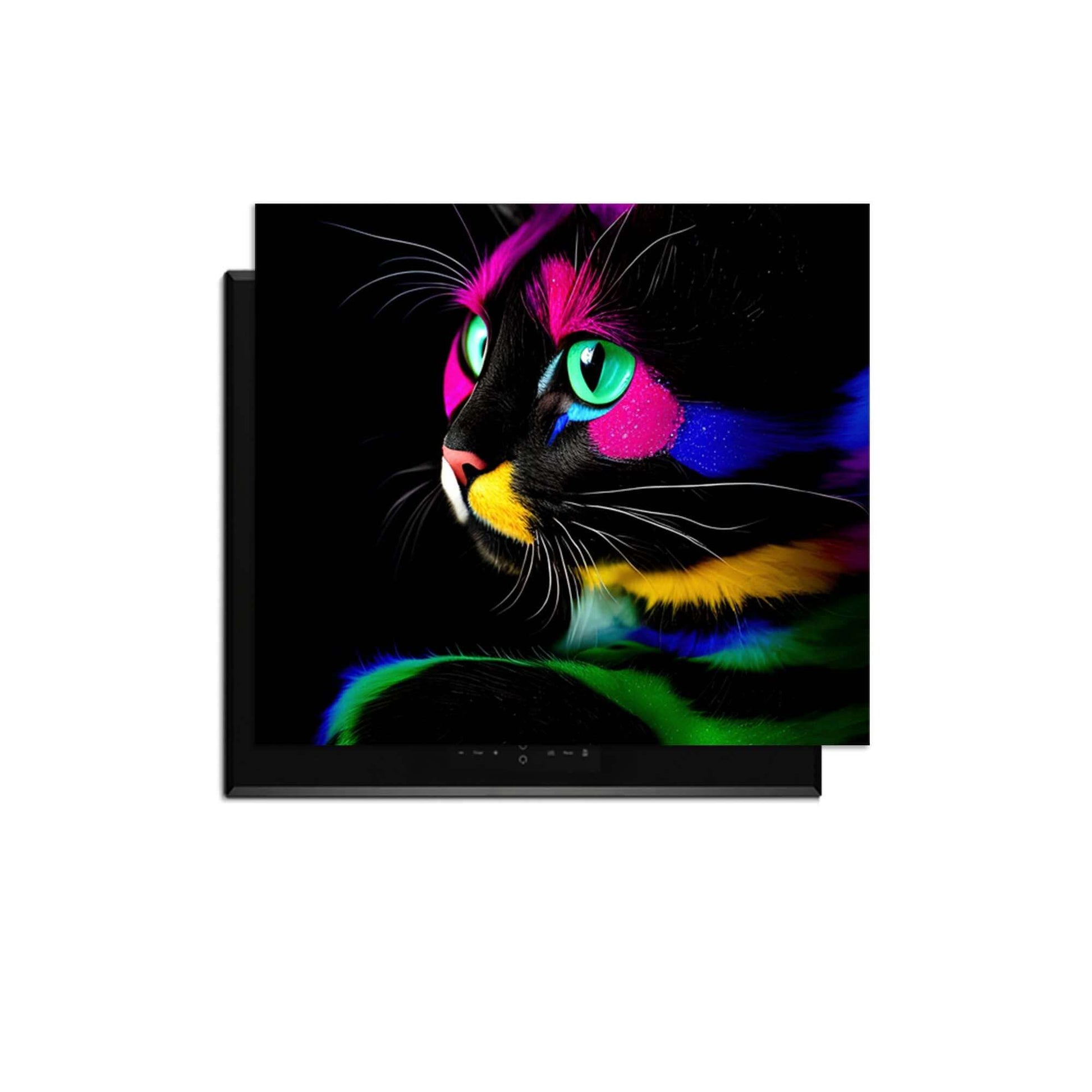 Buntes Bild einer Katze mit Neon-Akzenten auf einer schwarzen Fläche.