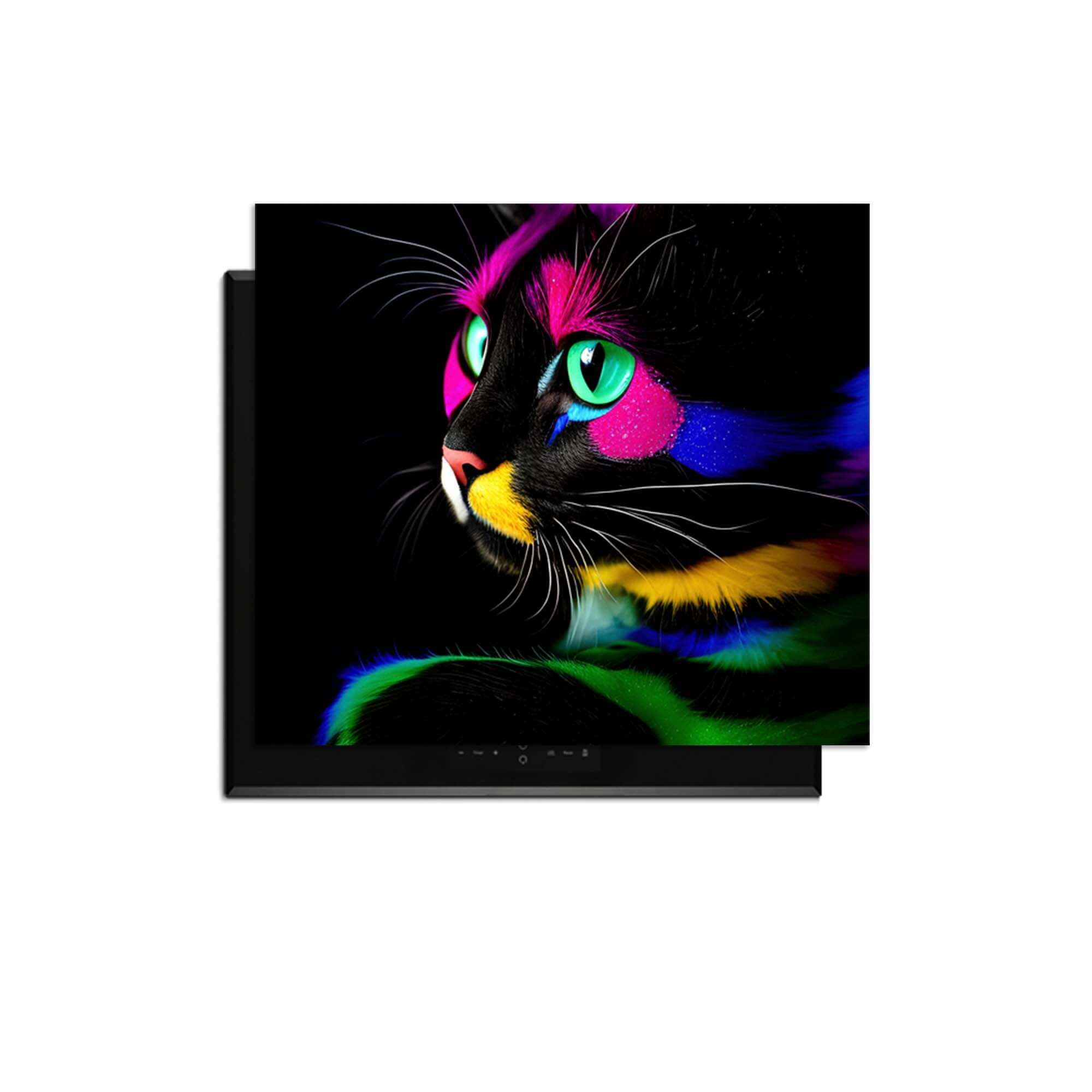 Buntes Bild einer Katze mit Neon-Akzenten auf einer schwarzen Fläche.