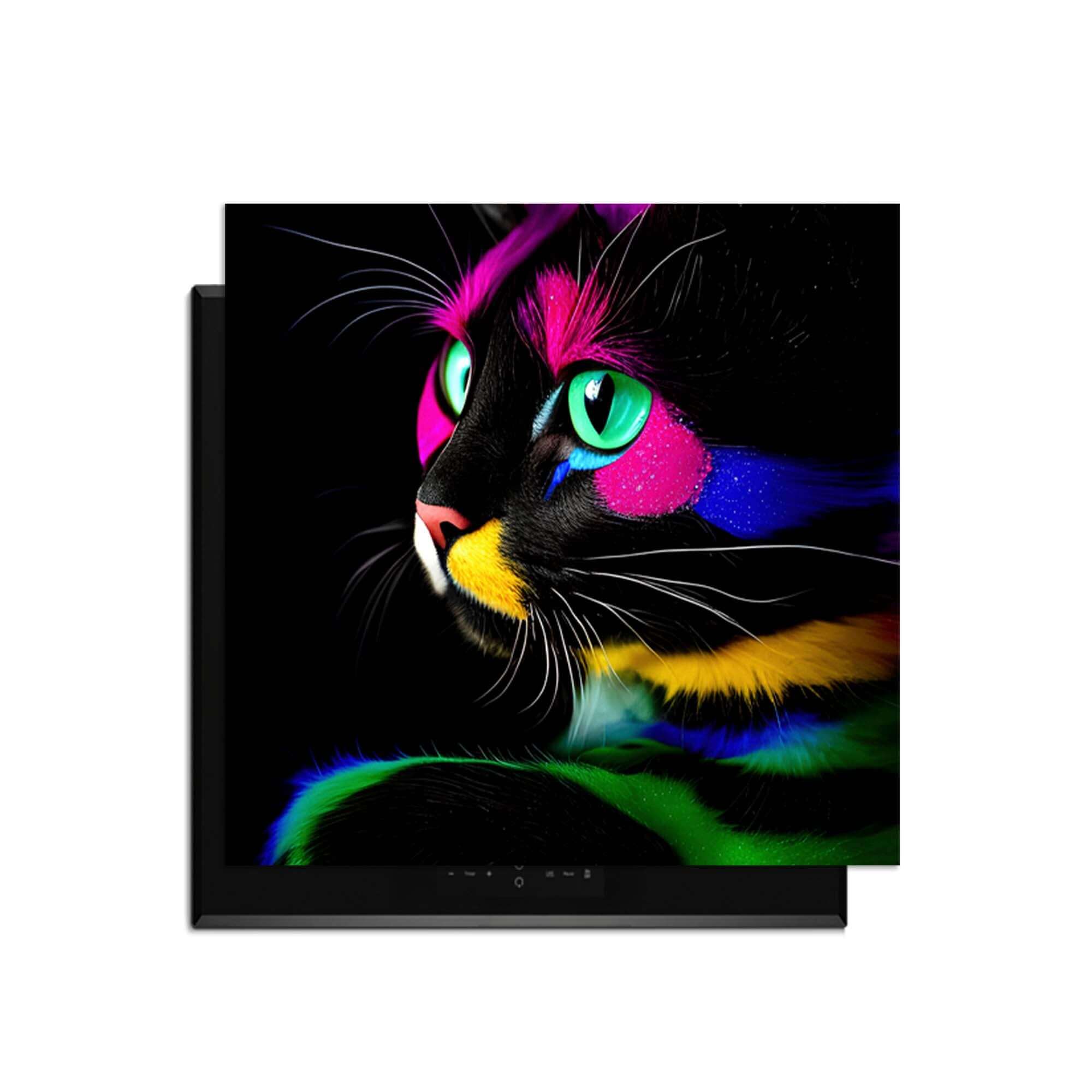 Buntes Bild einer Katze mit Neonfarben und schwarzem Hintergrund, künstlerischer Stil.