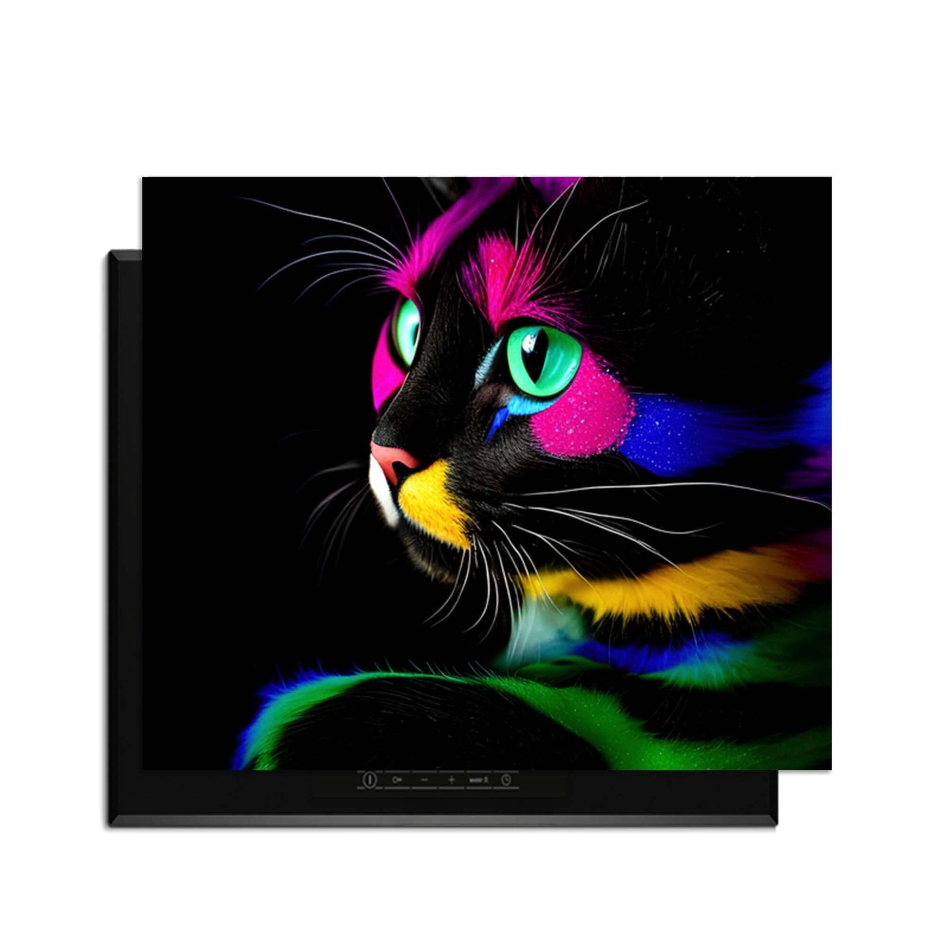 Night Prowler - Induktionsschutz mit einer bunten Katze auf dunklem Hintergrund.