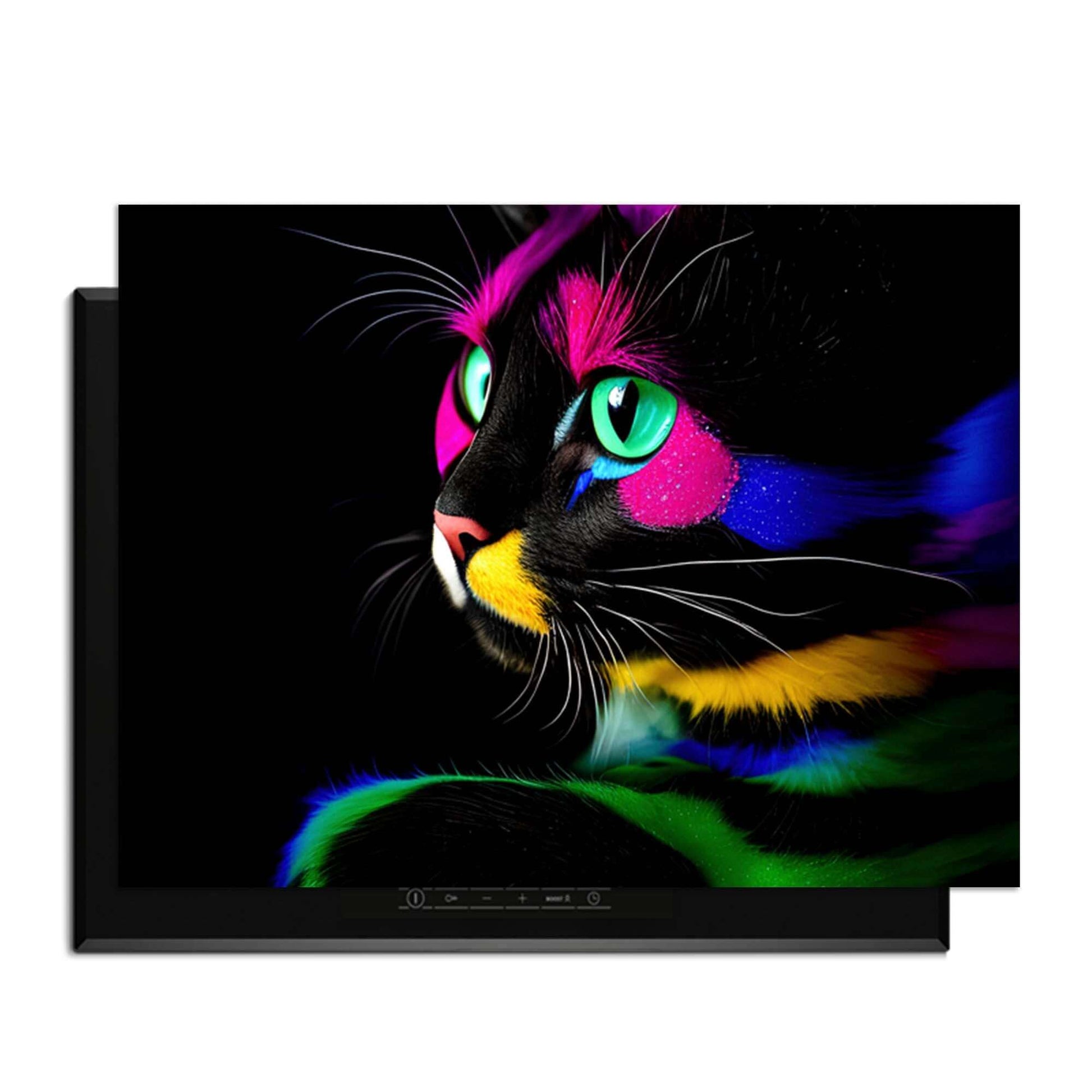 Bunte Katze mit leuchtenden Farbmustern auf schwarzem Hintergrund, die die Augen und das bunte Fell hervorheben.