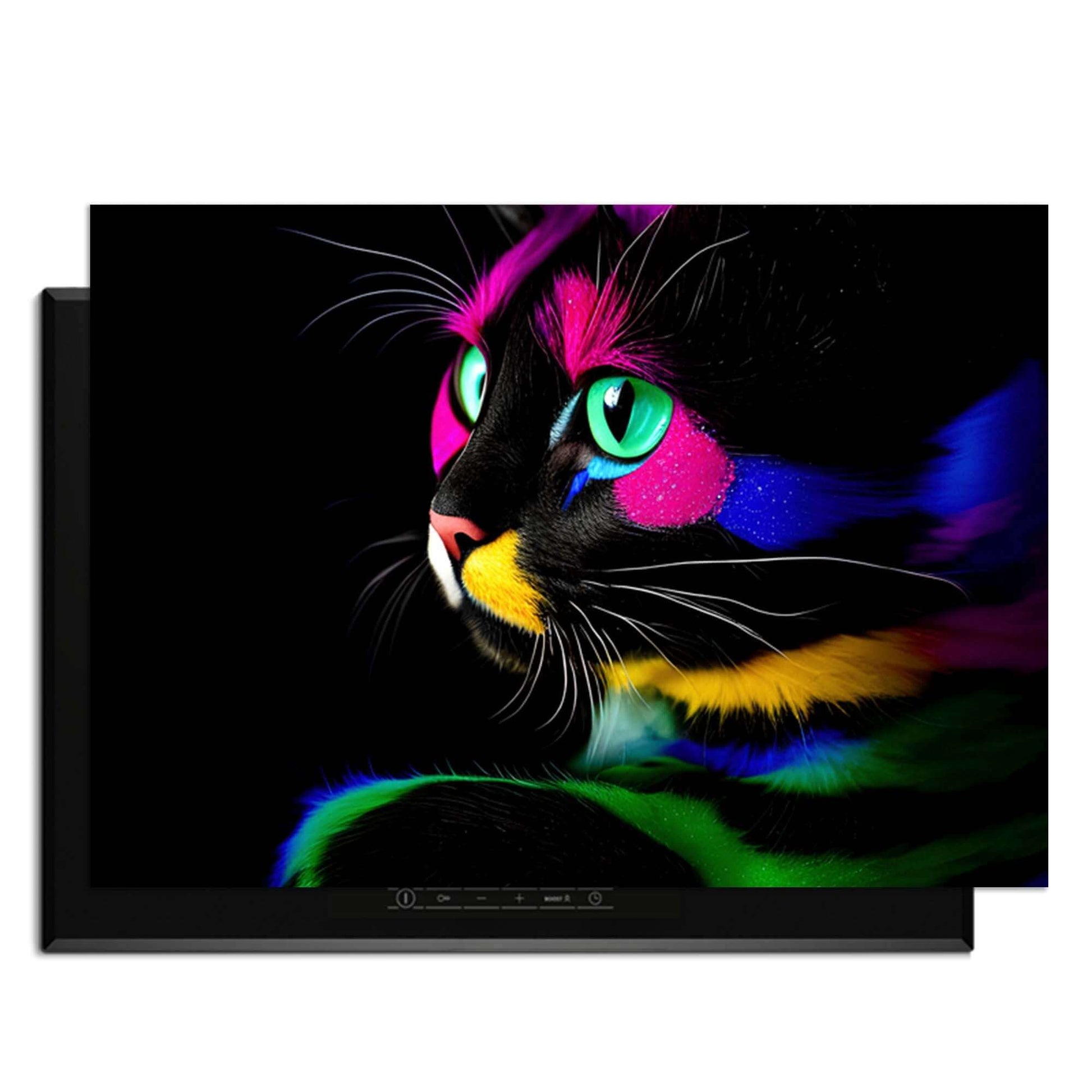 Buntes Bild einer Katze mit leuchtenden Farben auf schwarzem Hintergrund.