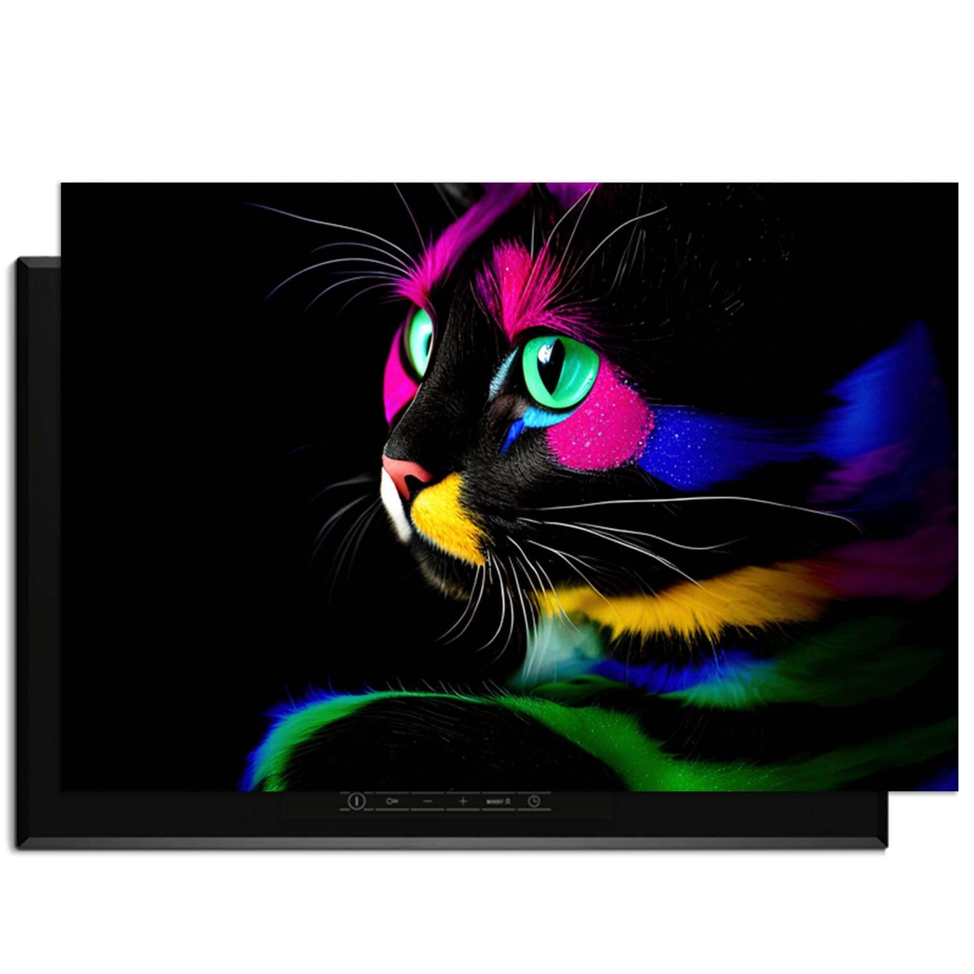 Buntes Bild einer schwarzen Katze mit farbenfrohen Details auf schwarzem Hintergrund.