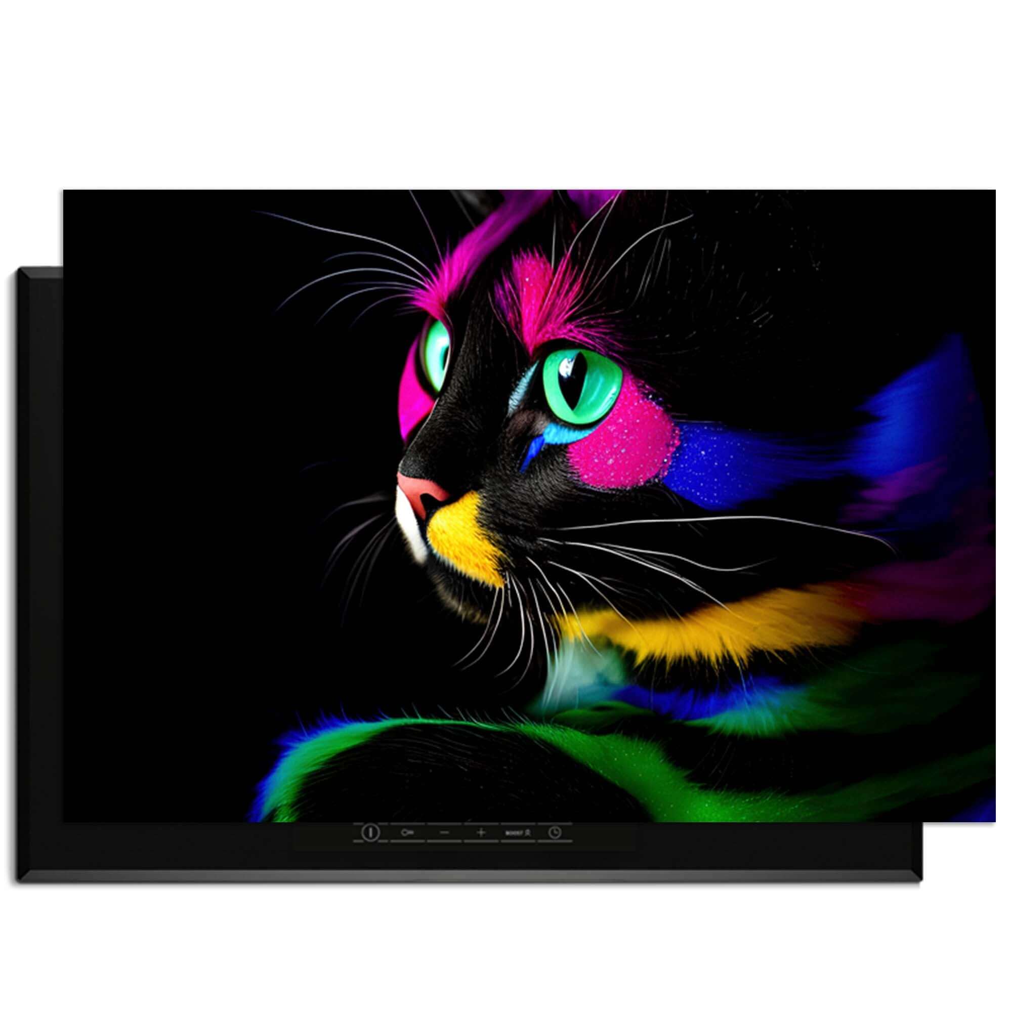 Kleurrijke afbeelding van een zwart kat met felgekleurde details op een zwarte achtergrond.