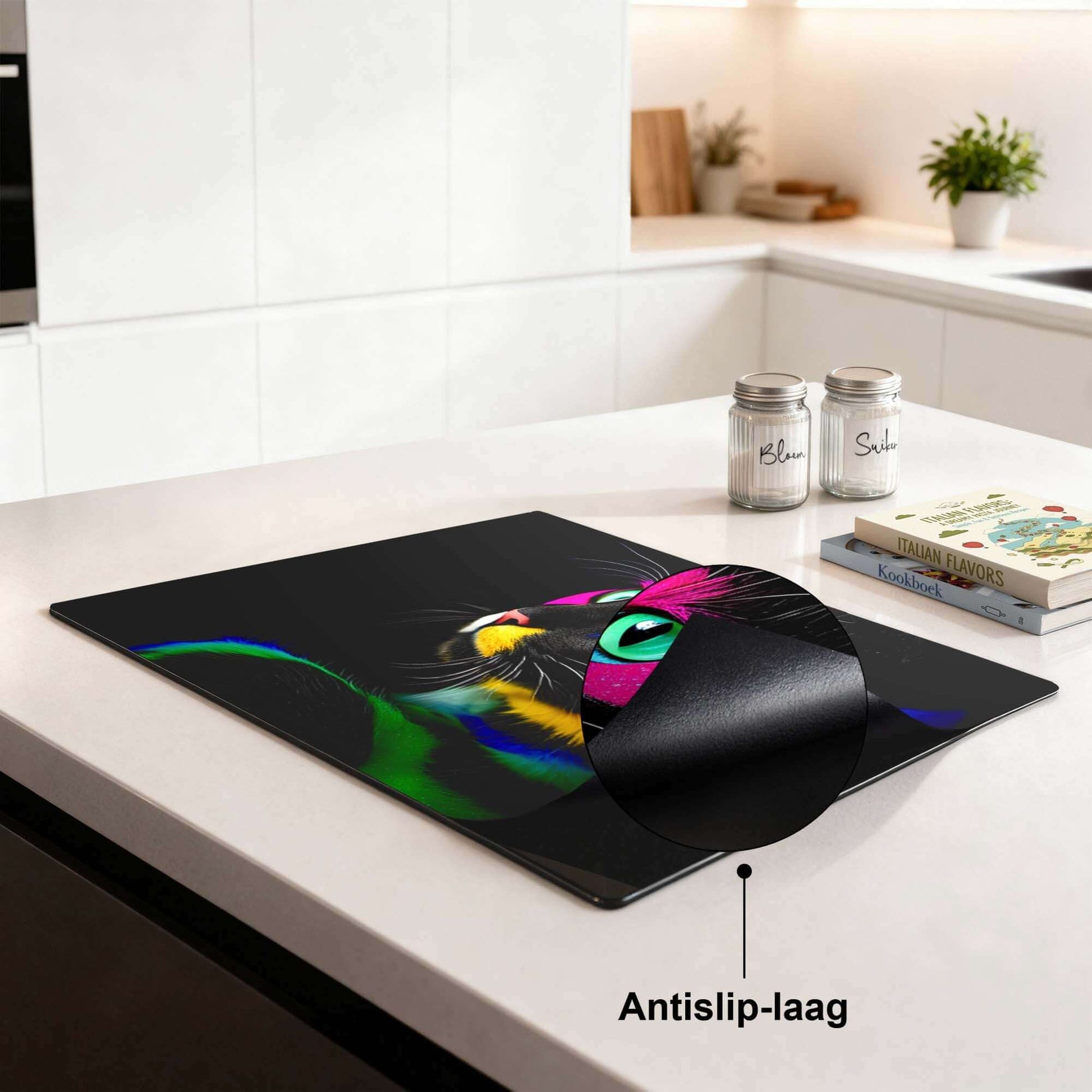 Night Prowler - Induktionsschutz mit Anti-Rutsch-Beschichtung auf moderner Küchenarbeitsplatte.