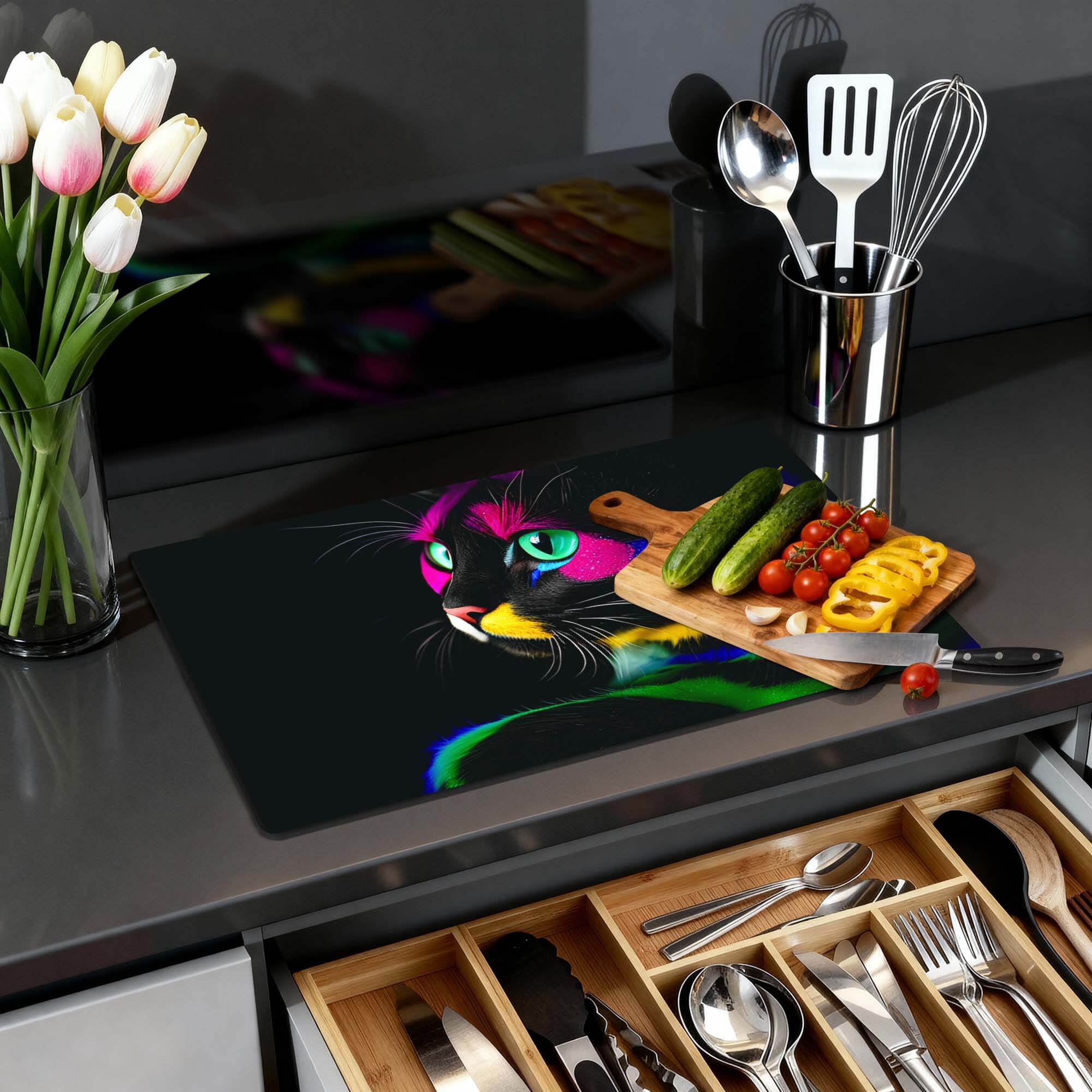 Night Prowler - Induktionsschutz mit bunter Katze und Schneidebrett auf moderner Küchenarbeitsplatte.