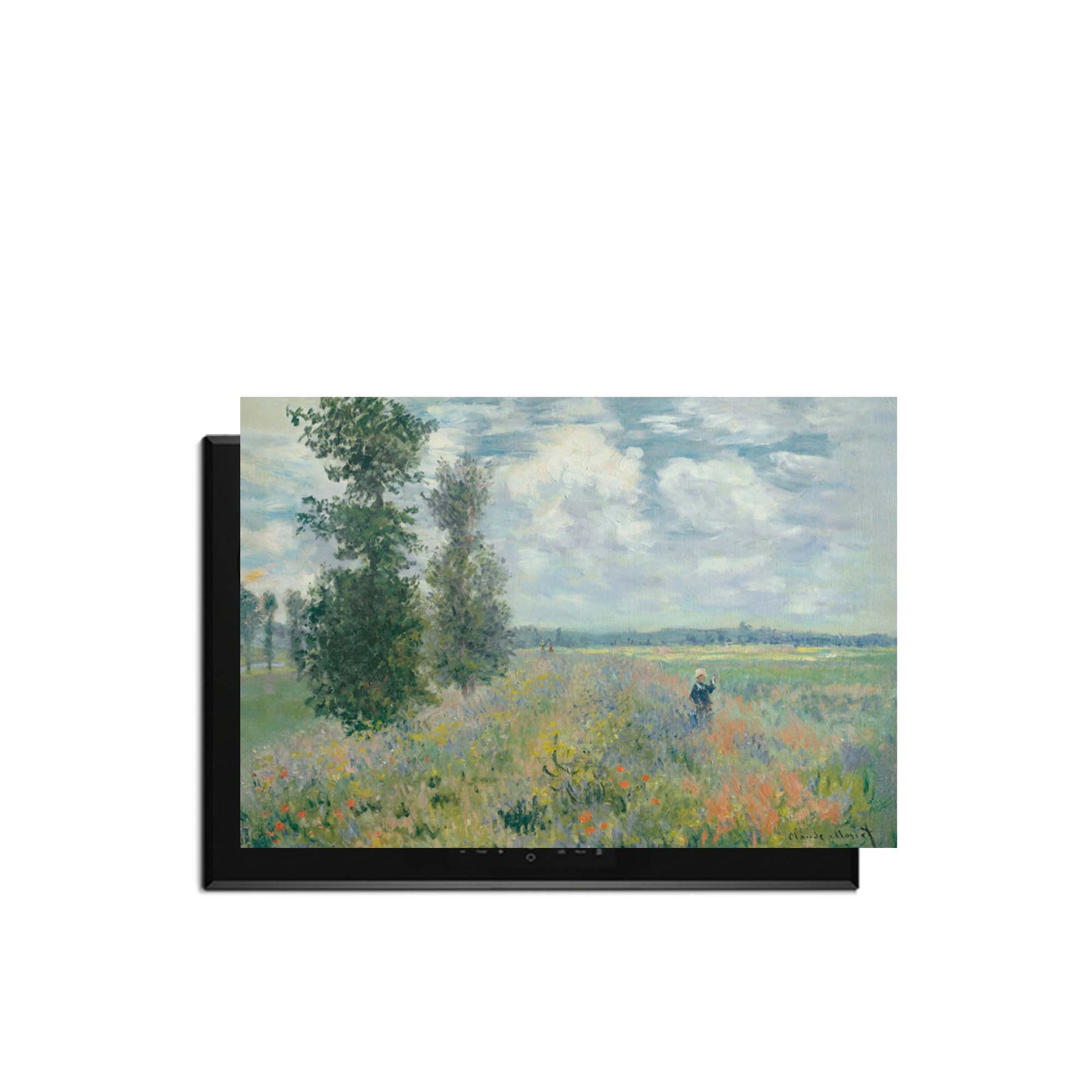 Schilderij van een landschap met velden en bomen op een zwarte ondergrond.