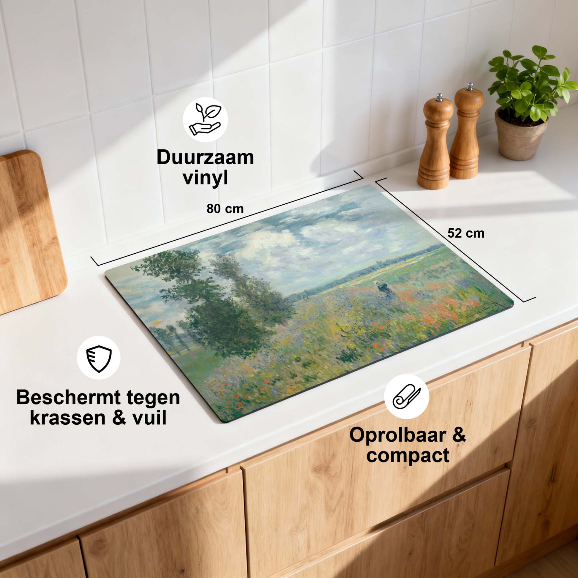 Papaverveld – Inductie Beschermer met rode bloemen en penseelstreken op keukenblad, duurzaam vinyl, beschermt tegen krassen en vuil.