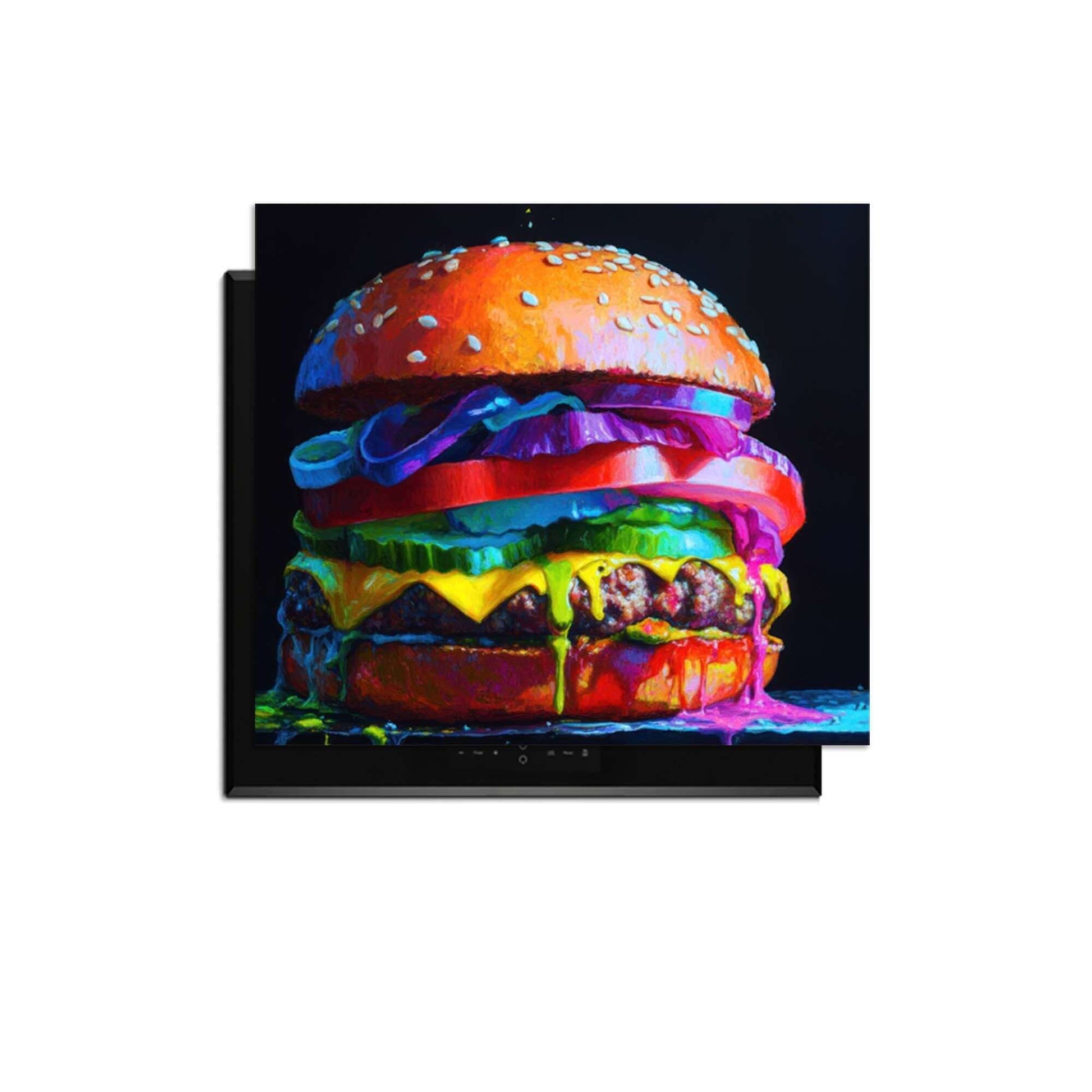 Pop Art Burger - Inductie Beschermer: kleurrijke afbeelding van een hamburger op inductieplaat