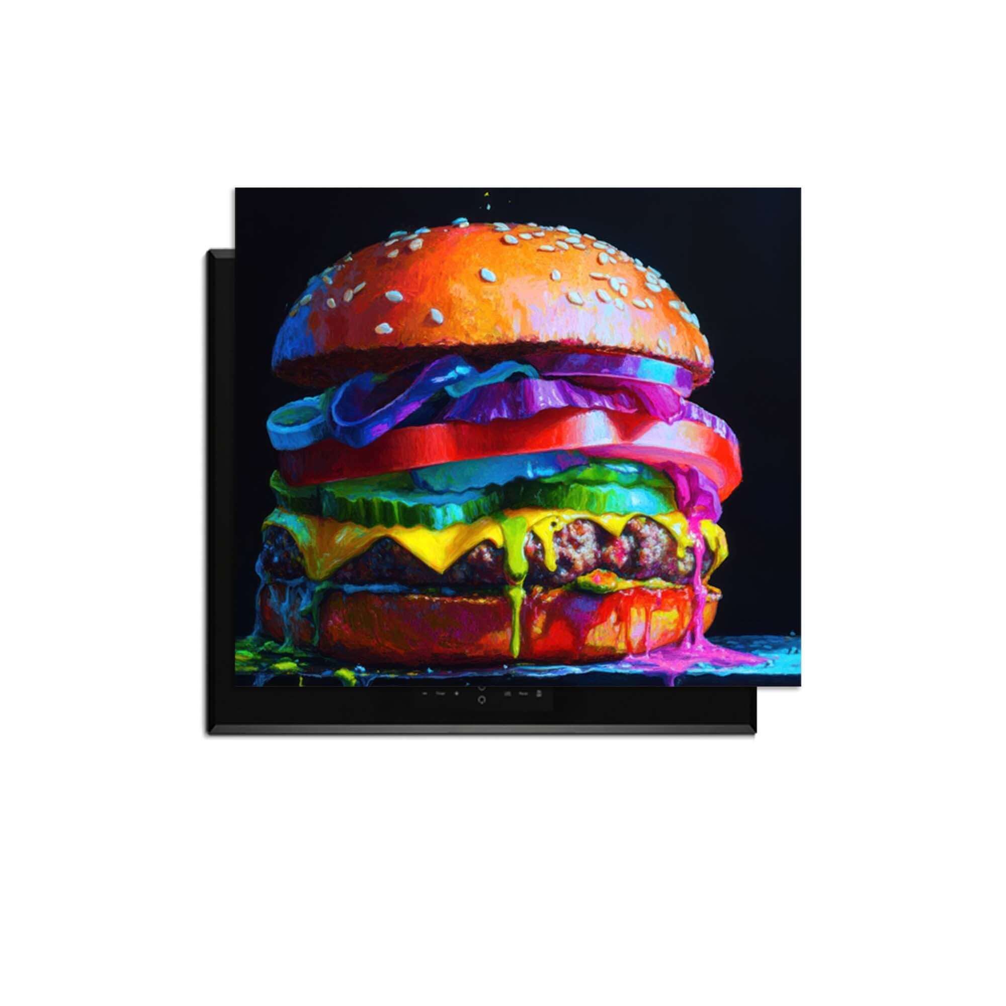 Pop Art Burger - Inductie Beschermer: kleurrijke afbeelding van een hamburger op inductieplaat