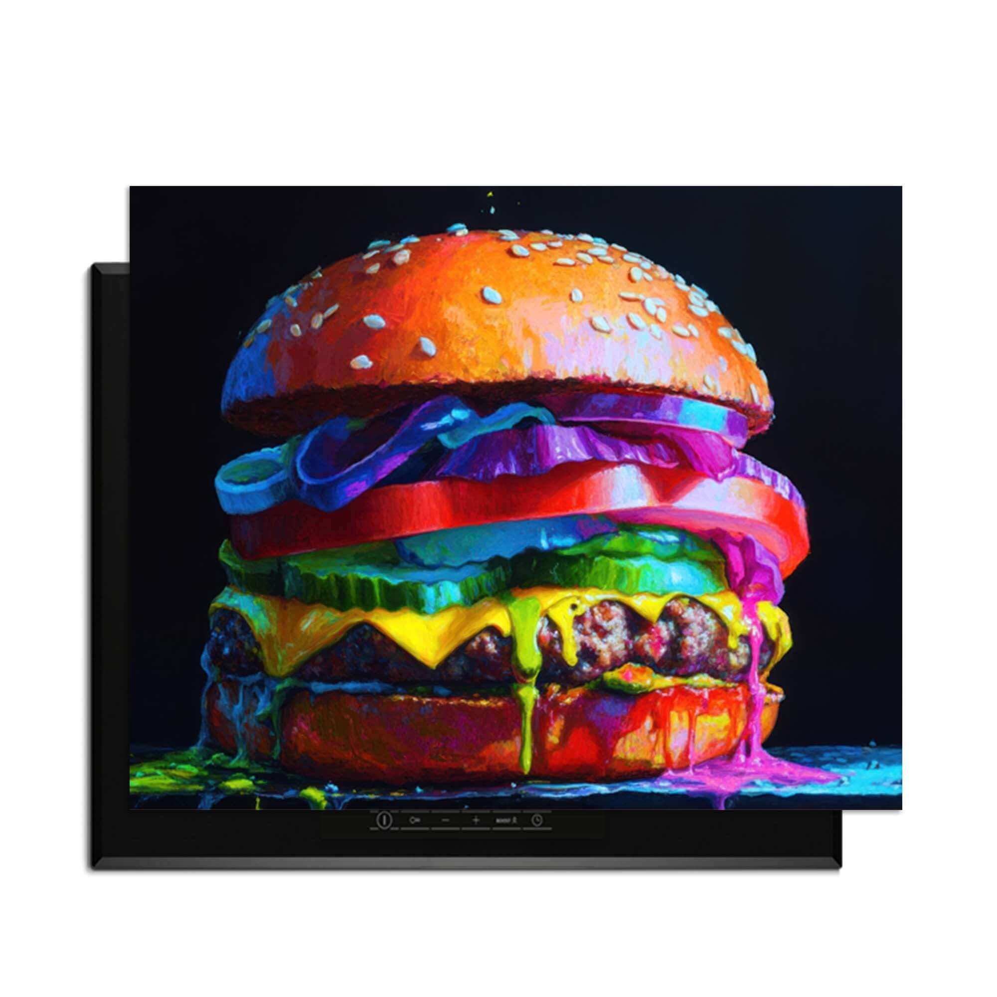 Pop Art Burger - Inductie Beschermer afbeelding met kleurrijke hamburger op inductiekookplaat.