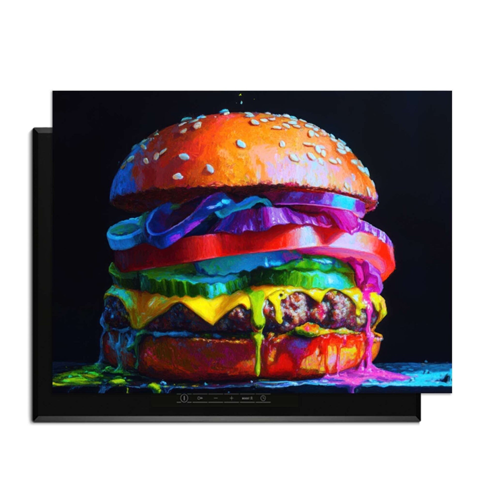 Pop Art Burger - Inductie Beschermer met kleurrijke groenten en kaas op een zwarte achtergrond.