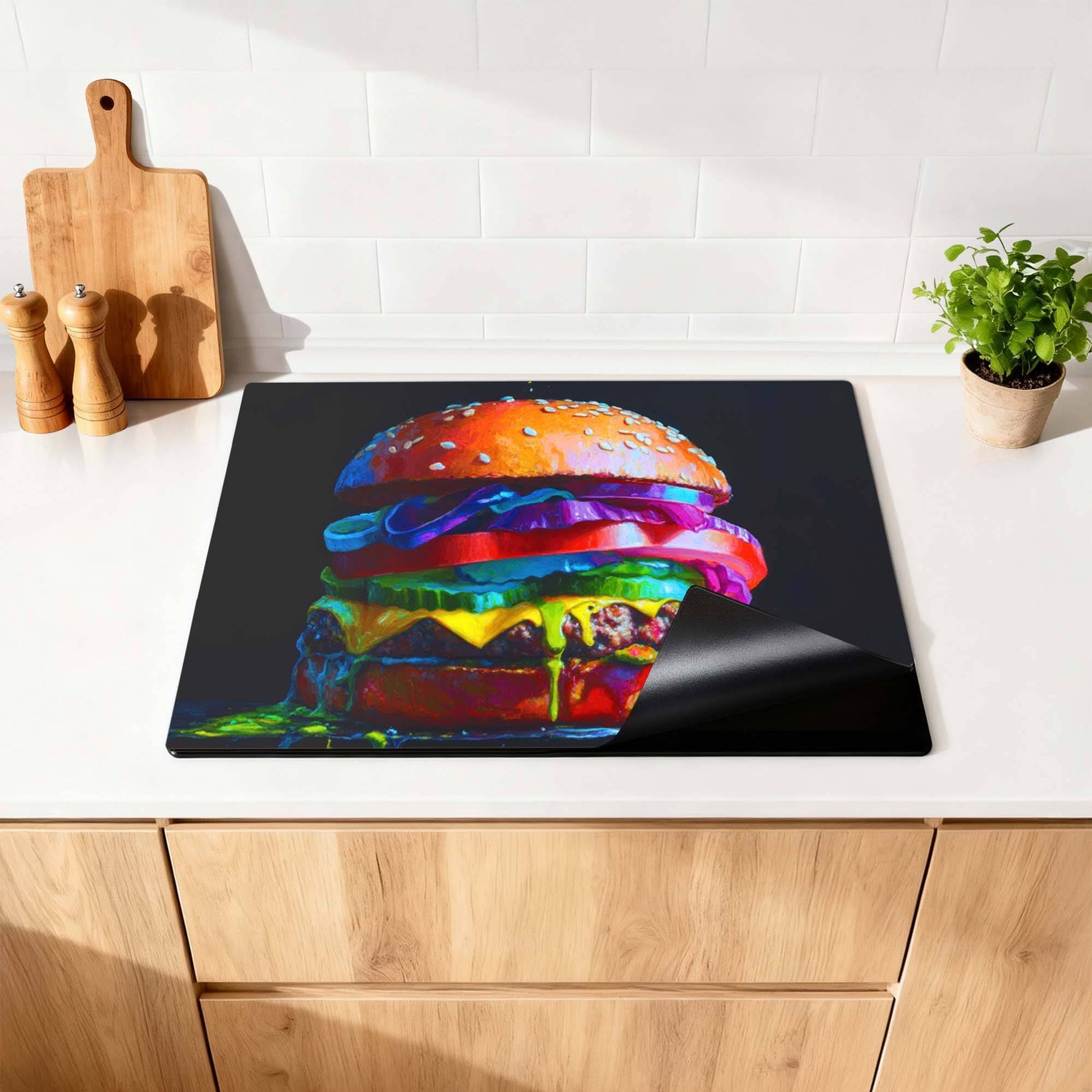 Pop Art Burger - Inductie Beschermer op keukenblad voor stijlvolle keukenbescherming en praktisch gemak.