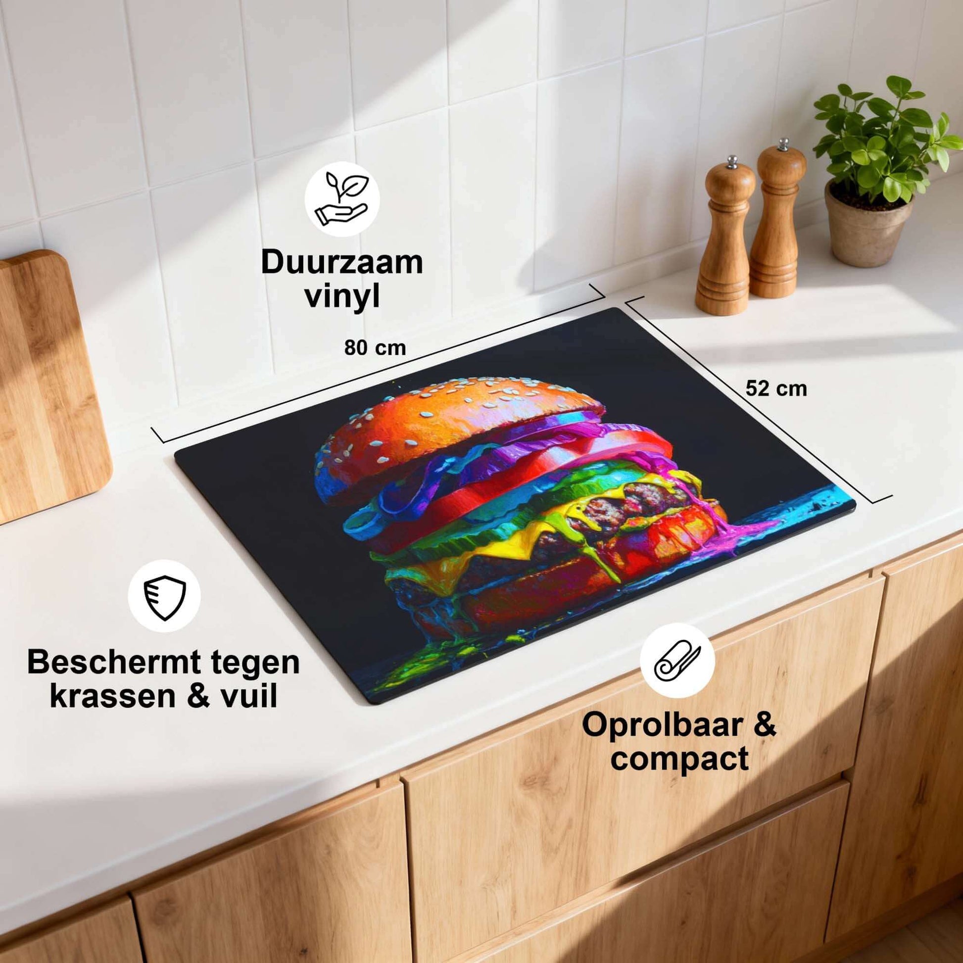 Pop Art Burger - Inductie Beschermer in de keuken, duurzaam vinyl, beschermt tegen krassen en vuil.