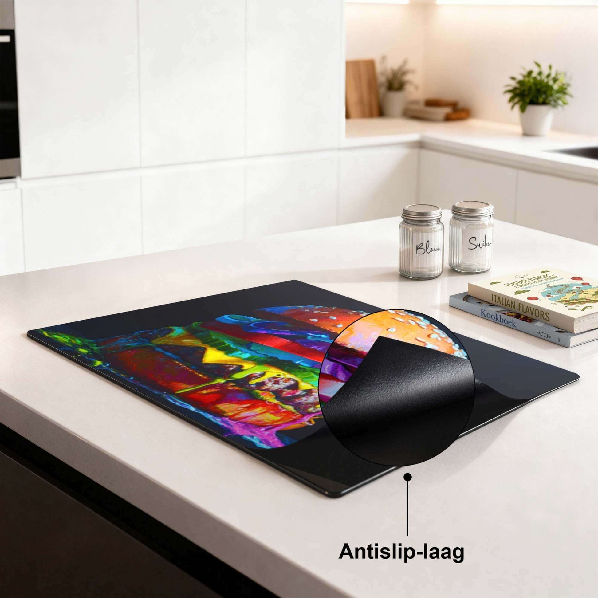 Pop Art Burger - Inductie Beschermer op keukenblad met antislip-laag voor optimale bescherming en stijl.