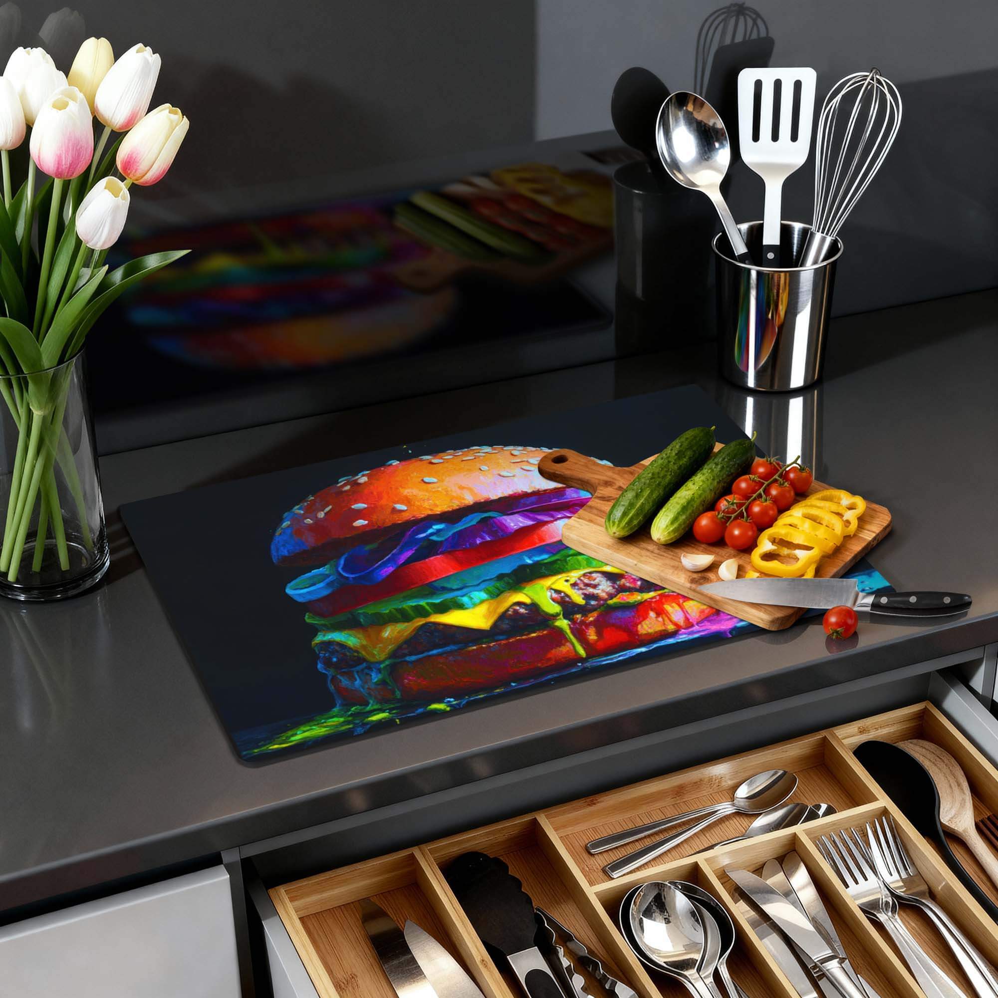 Pop Art Burger - Inductie Beschermer op een moderne keuken werkblad met groenten en keukengerei.