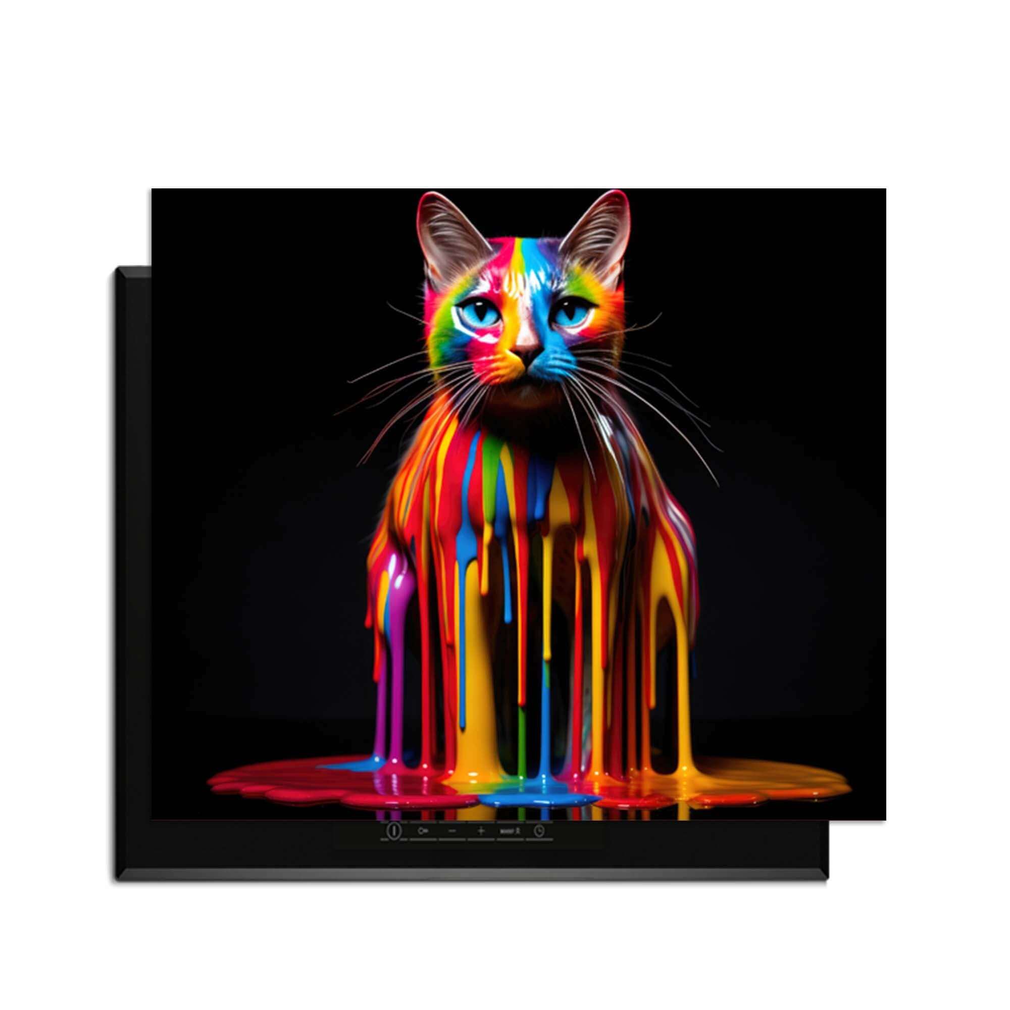 Rainbow Cat - Induktionsschutz mit bunten Farbtropfen und einem Induktionskochfeld im Hintergrund.
