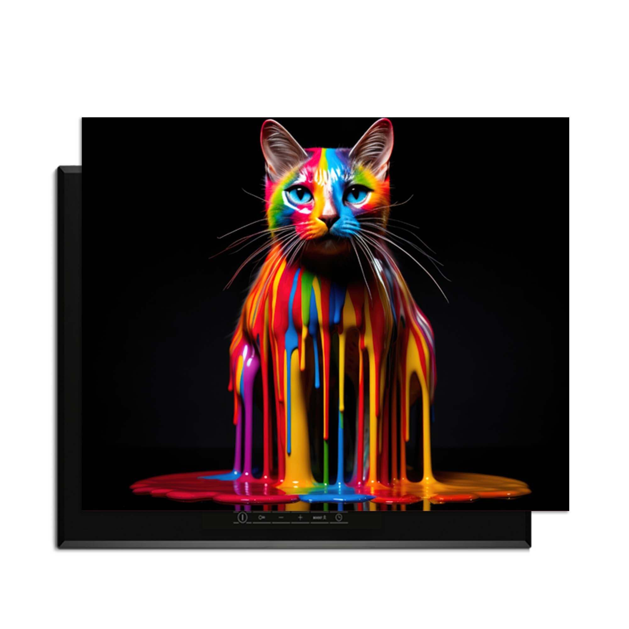 Regenbogenkatze - Induktionsschutzdesign mit bunten Farbtropfen auf schwarzem Hintergrund.