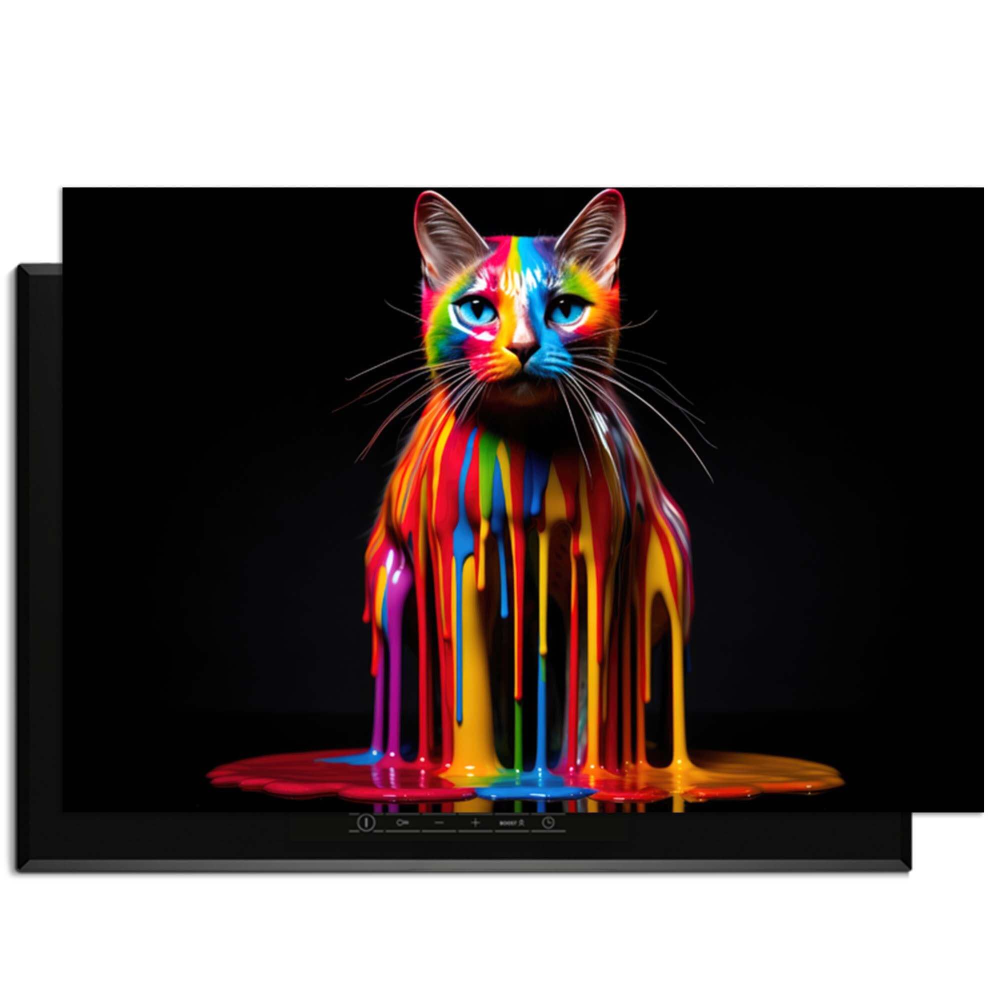Rainbow Cat - Induktionsschutz mit bunter Farbe, die von der Katze auf dem Induktionskochfeld tropft.