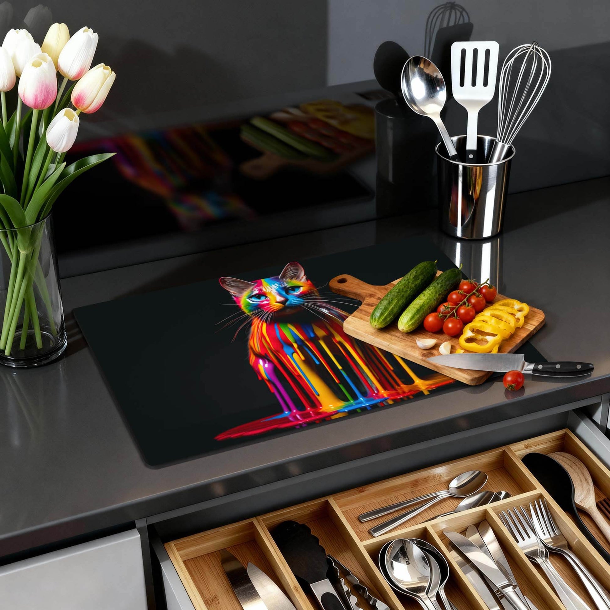 Regenbogenkatze - Induktionsschutz auf einer Küchenplatte mit Gemüse und Blumen.