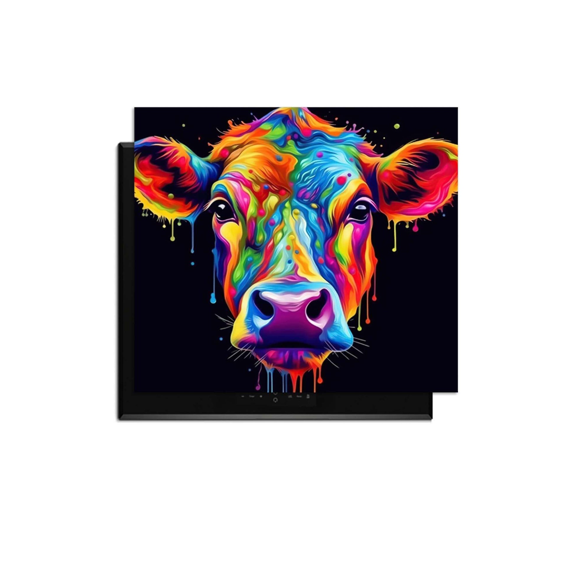 Buntes Bild einer Kuh mit Neontönen und schwarzem Hintergrund.