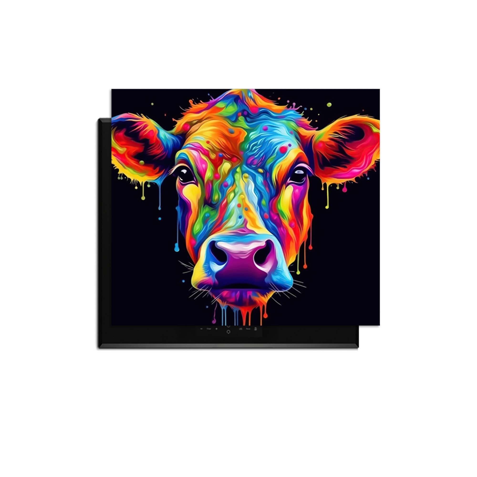 Buntes Bild einer Kuh mit Neontönen und schwarzem Hintergrund.