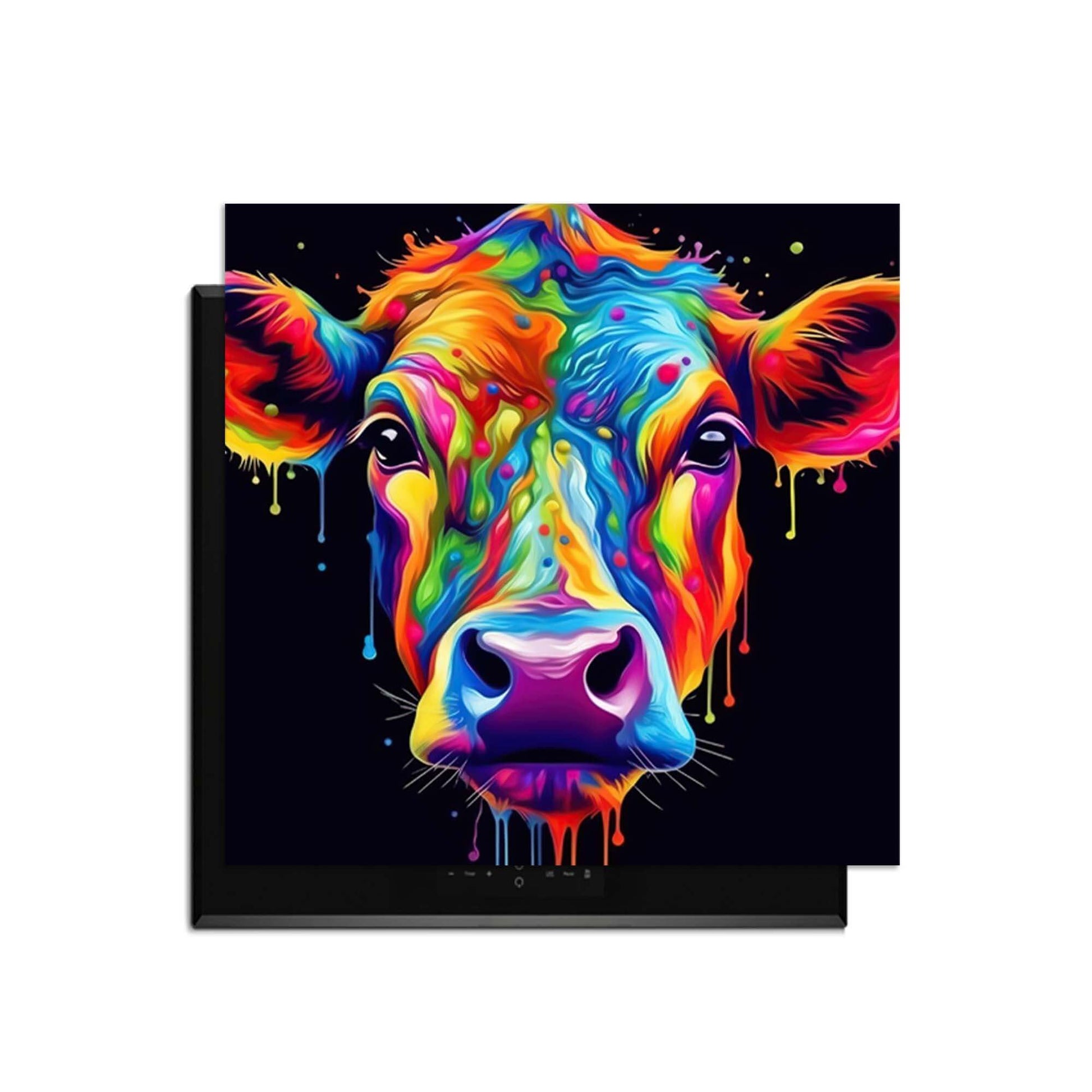Buntes Bild einer Kuh mit hellen Farbtropfen, ideal für Dekoration und Kunstliebhaber.
