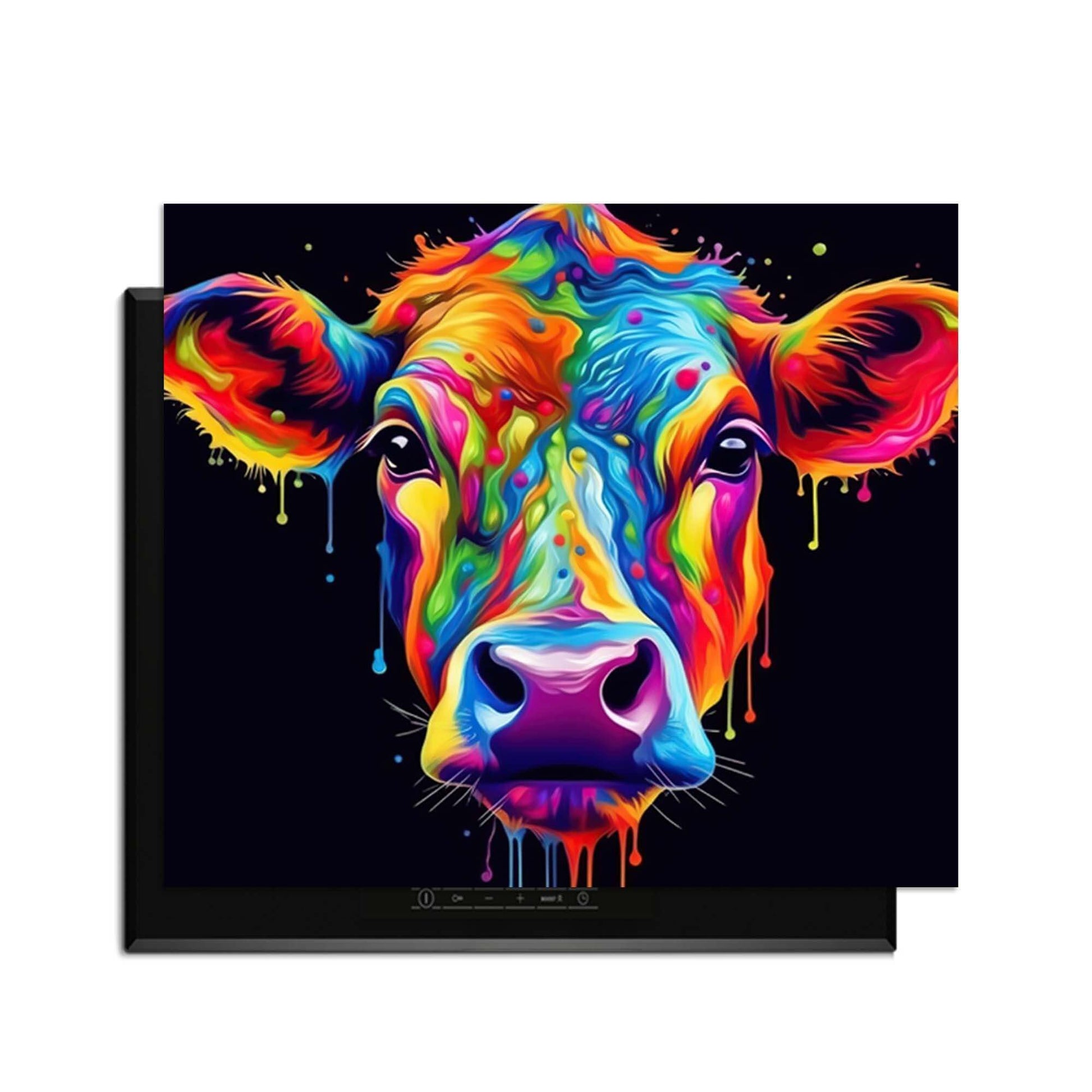 Buntes Bild einer Kuh mit einem Regenbogenmotiv auf einem Induktionskochfeld.