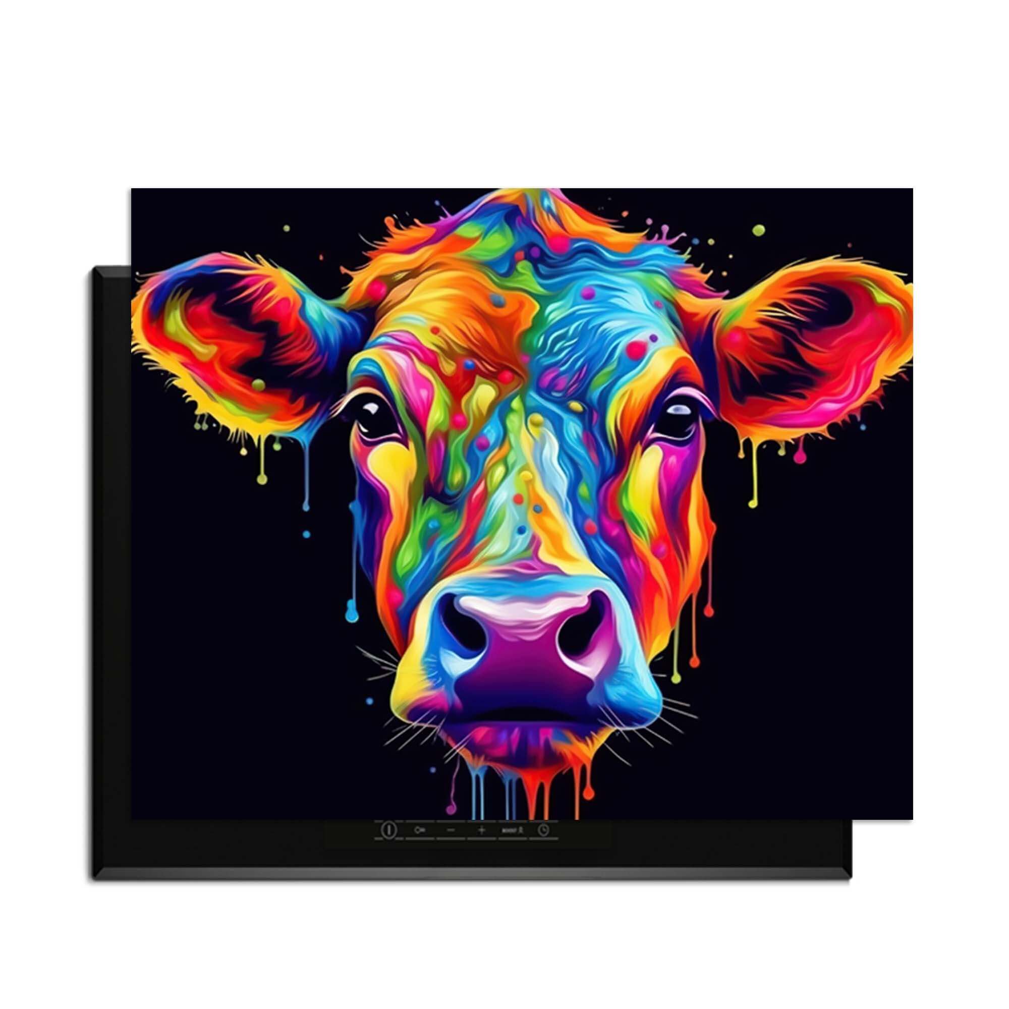Buntes Bild einer Kuh mit einem abstrakten, künstlerischen Design und hellen Farben.