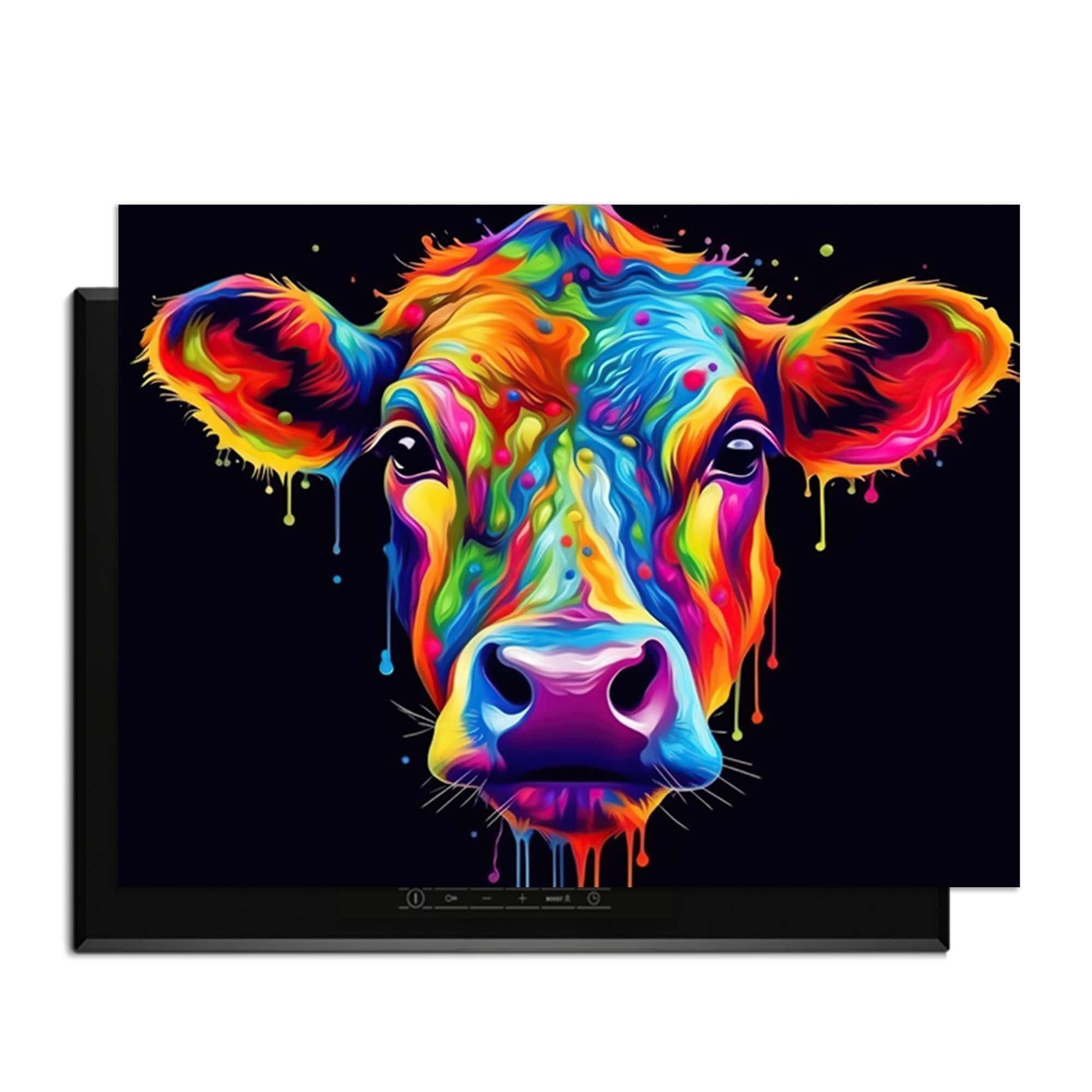 Bunte Illustration einer Kuh mit einem Regenbogenmuster auf schwarzem Hintergrund.