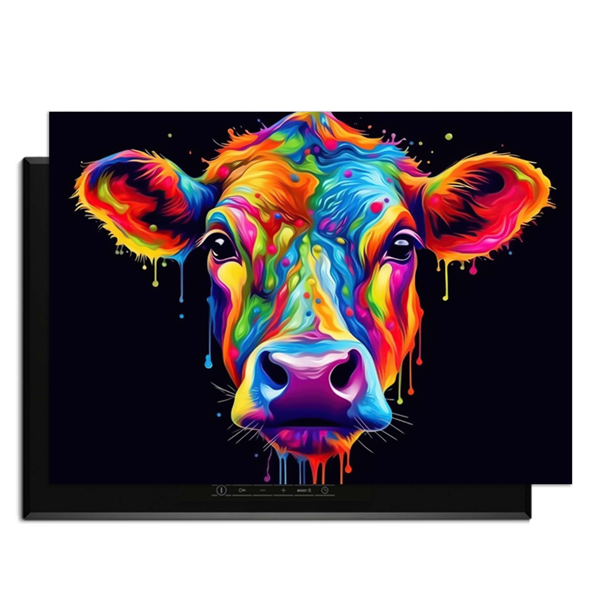 Rainbow Graze - Induktionsschutz mit bunter Kuh im abstrakten Stil auf schwarzem Hintergrund.