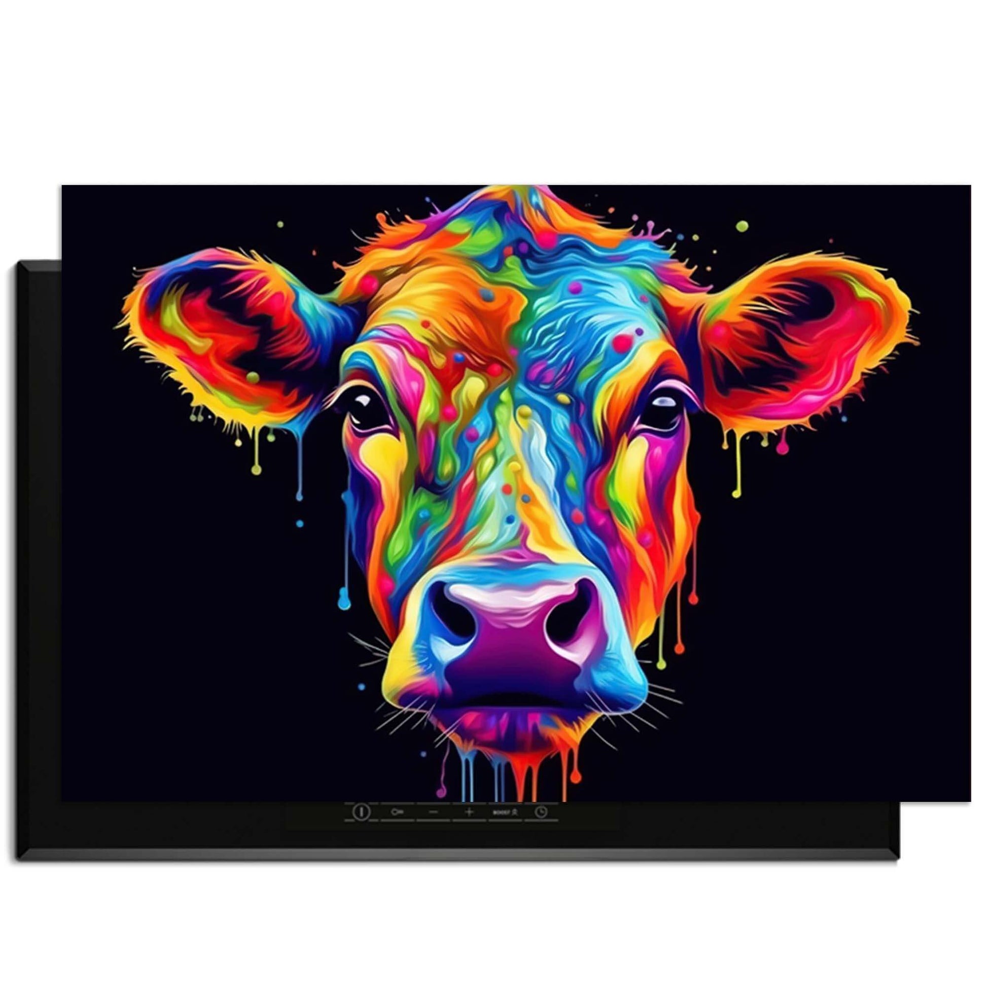 Bunte Fototapete einer Kuh mit tropfender Farbe auf schwarzem Hintergrund.