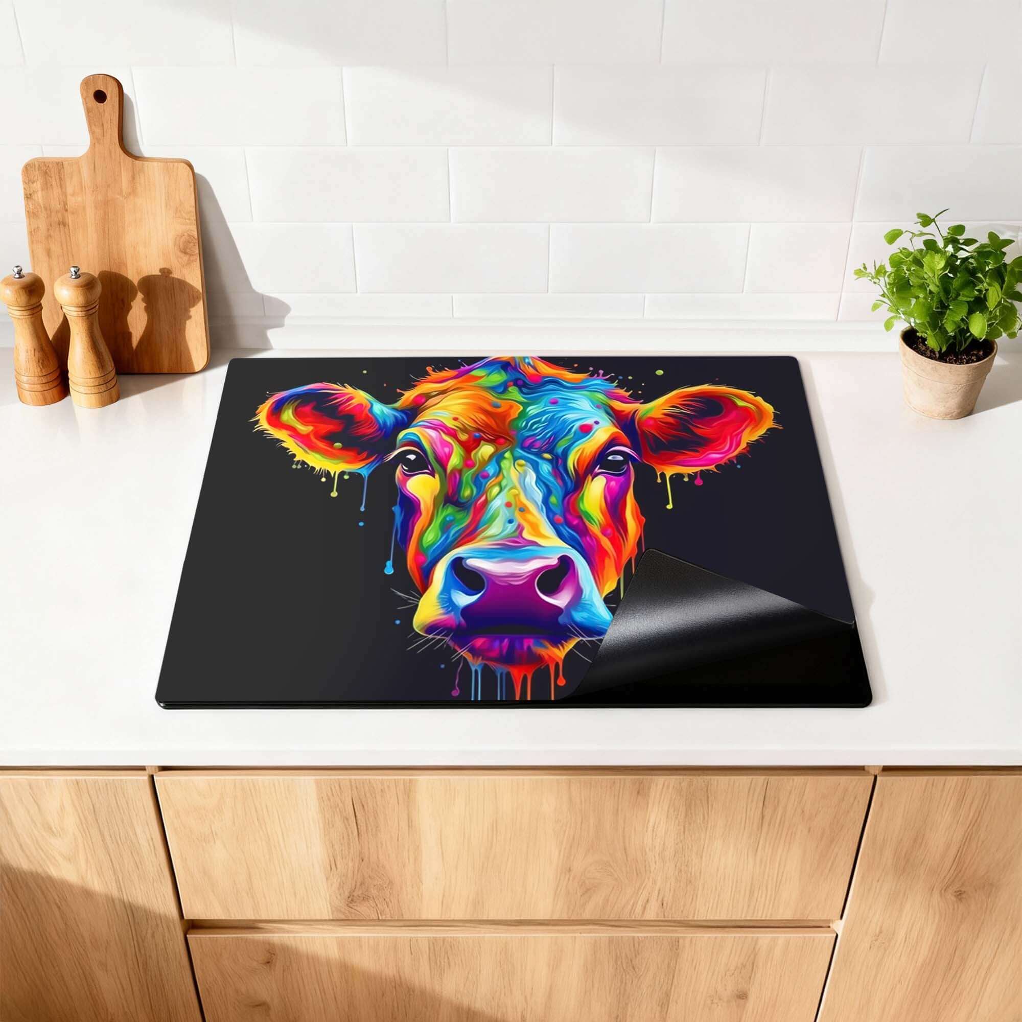 Kleurrijke Rainbow Graze Inductie Beschermer met koeienafbeelding, stijlvolle keukenaccessoire.