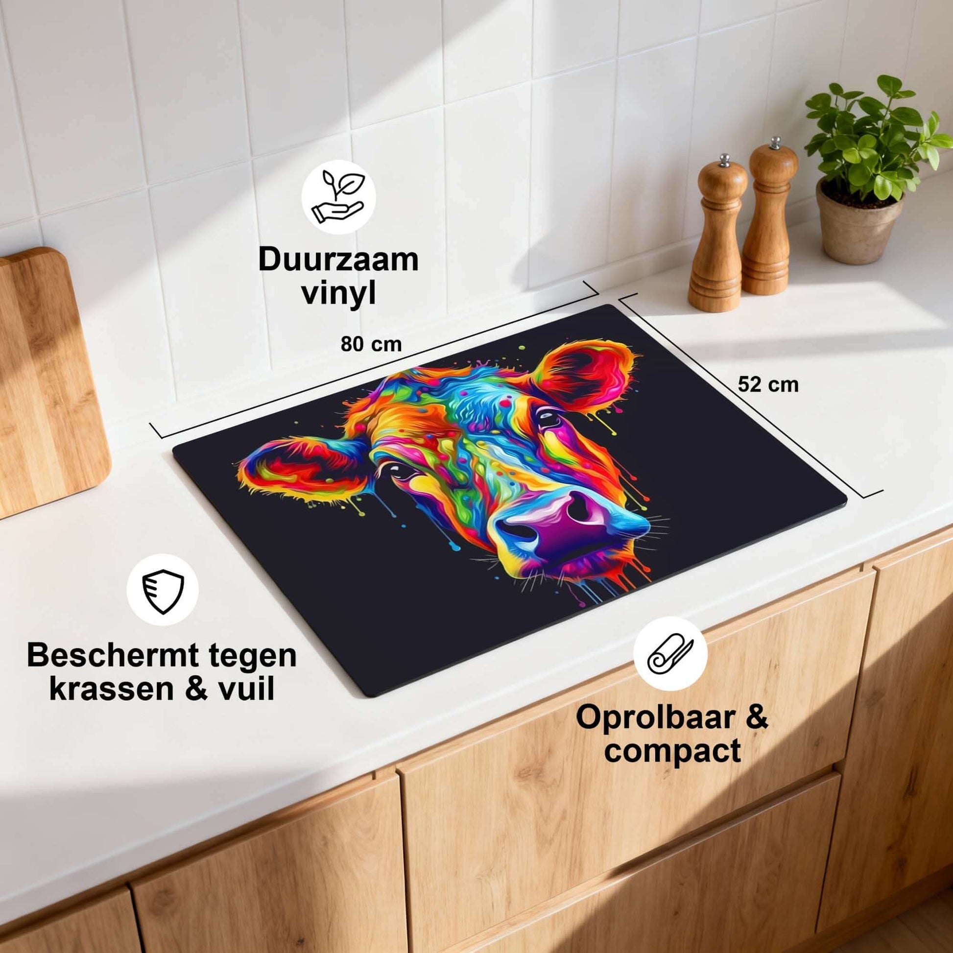 Rainbow Graze - Induction Protector auf einem stilvollen Küchentisch, schützt vor Kratzern und Schmutz.