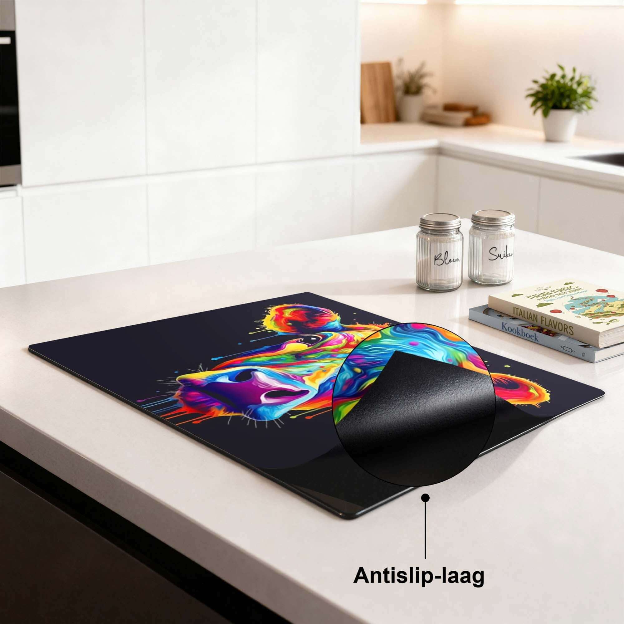 Rainbow Graze - Induktionsschutz mit Anti-Rutsch-Beschichtung auf einer modernen Küchenarbeitsplatte.