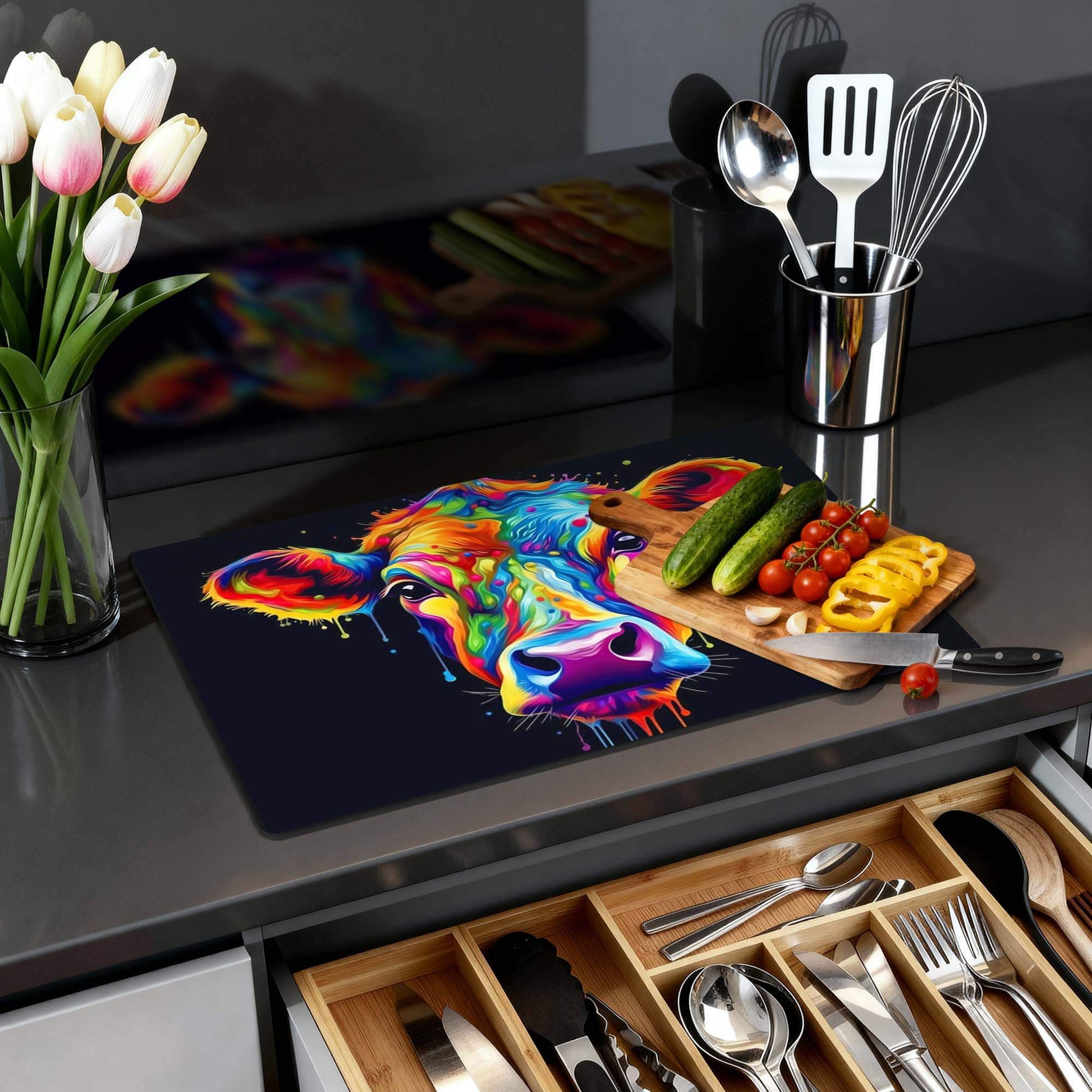 Rainbow Graze - Induktionsschutz auf einer modernen Küchenplatte mit buntem Bild und Zutaten.