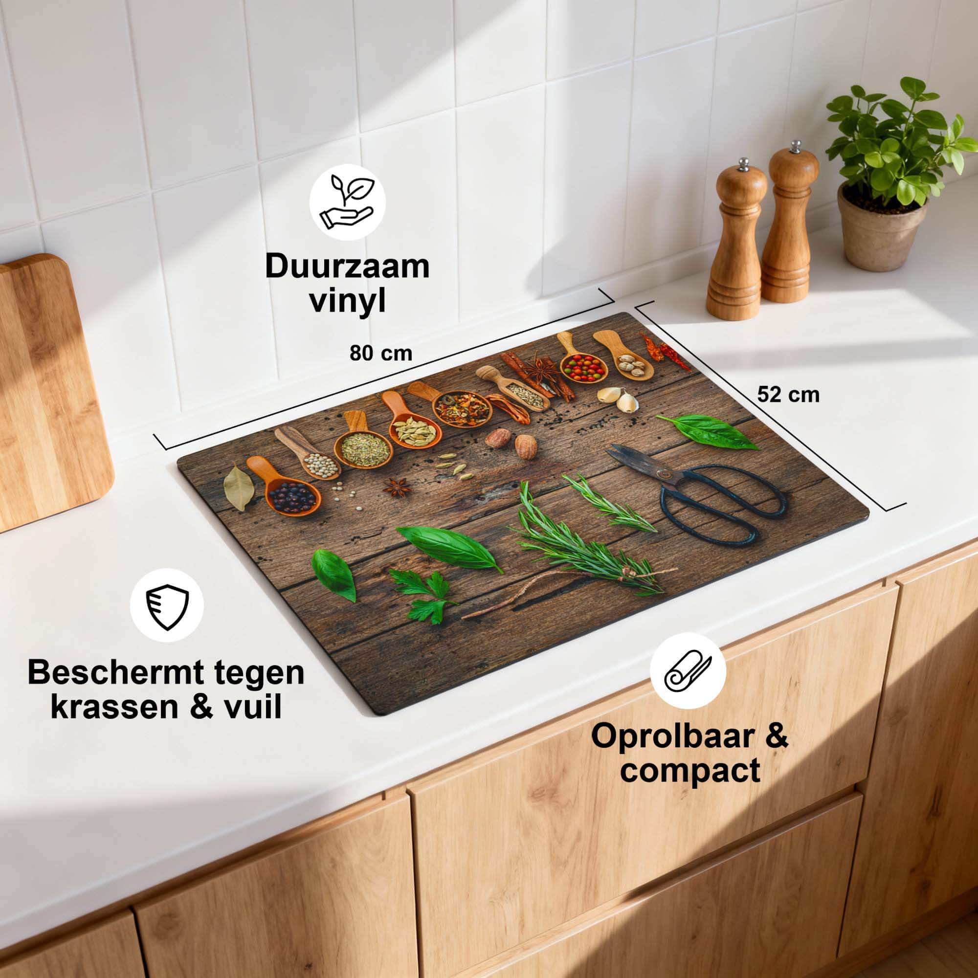 Roots & Recipes - Inductie Beschermer op de keuken tafel, beschermd tegen krassen en vuil met duurzaam vinyl.