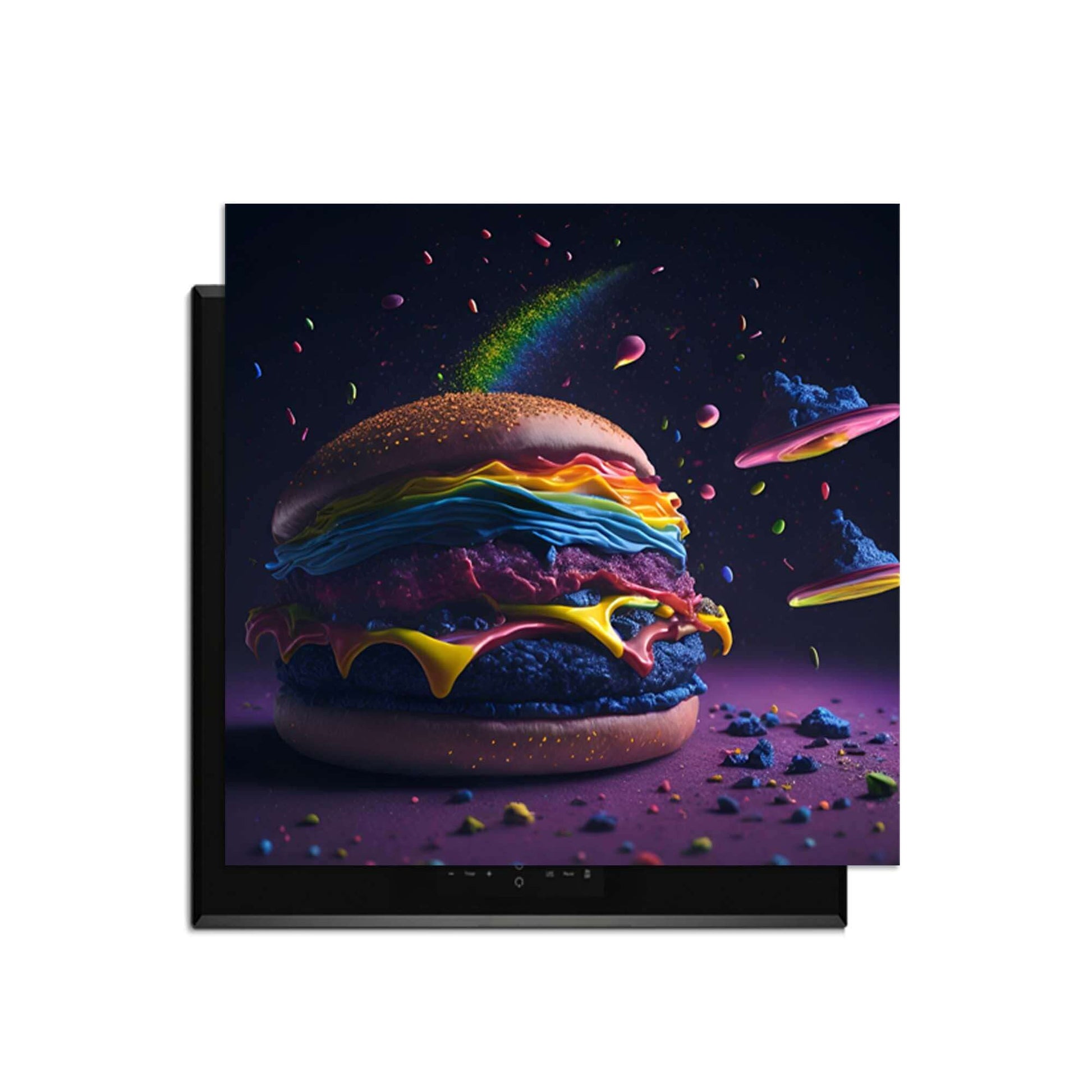 Space Burger - Induktionsschutz mit leuchtenden Farben und Raumeffekten, ideal für Ihre Küche.