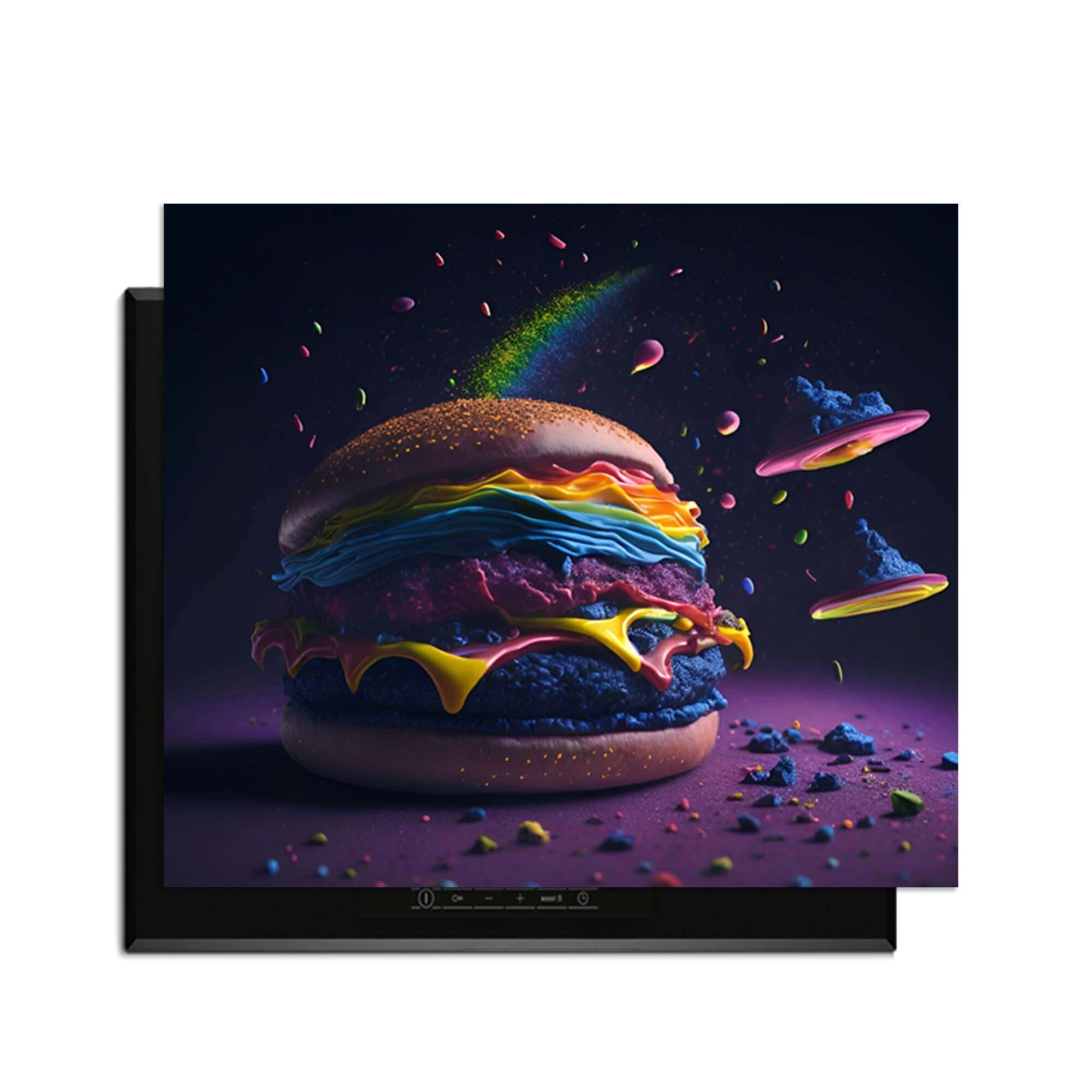 Space Burger - Induktionsschutz, bunter Burger mit stylischen Details, Schutz für Induktionskochfelder.