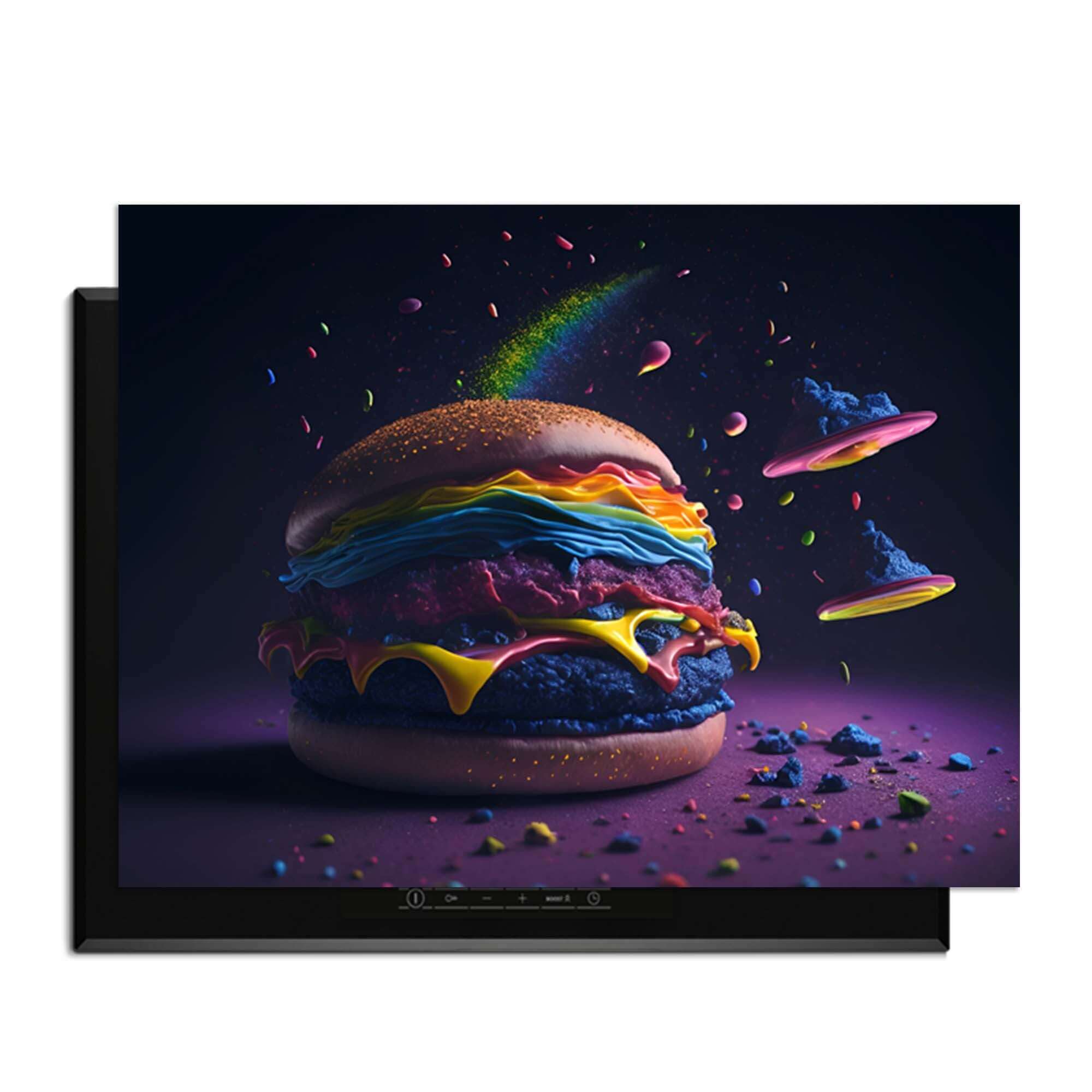 Space Burger - Induction Protector Bild mit buntem Burger und Induktionsschutz für die Küche.