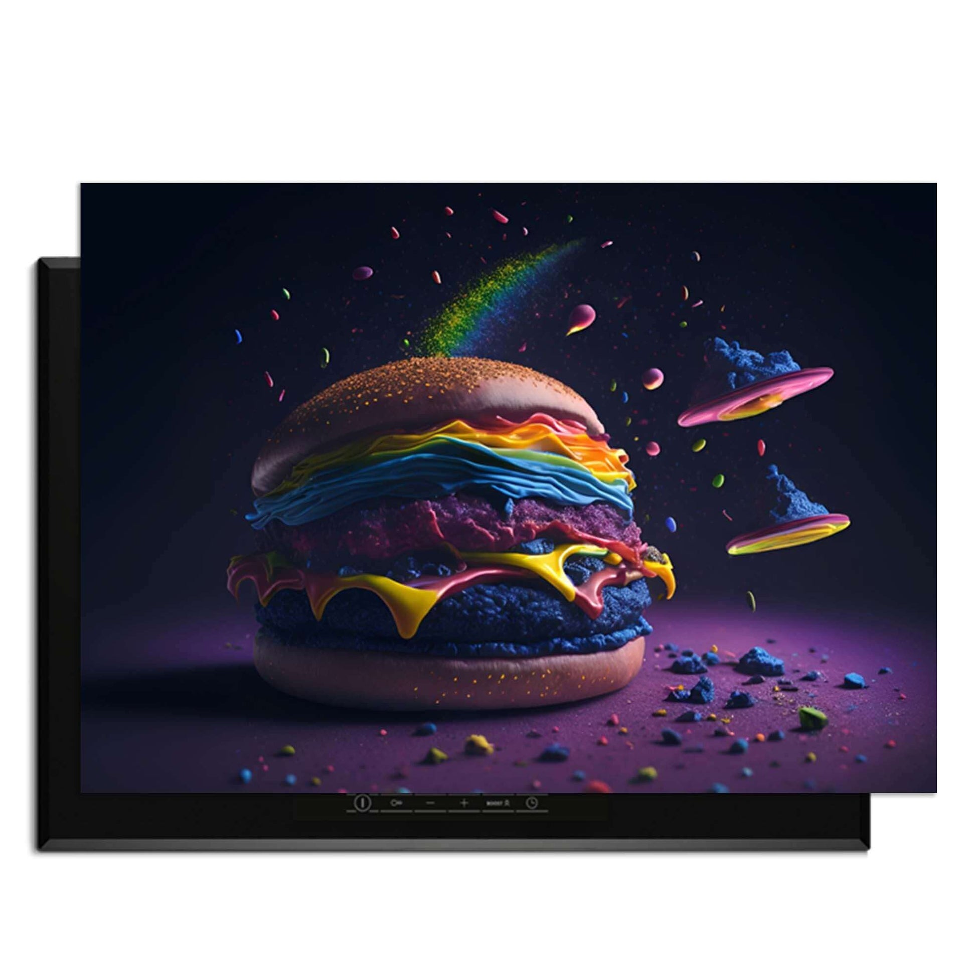 Space Burger - Induktionsschutz mit bunten Zutaten auf dunklem Hintergrund