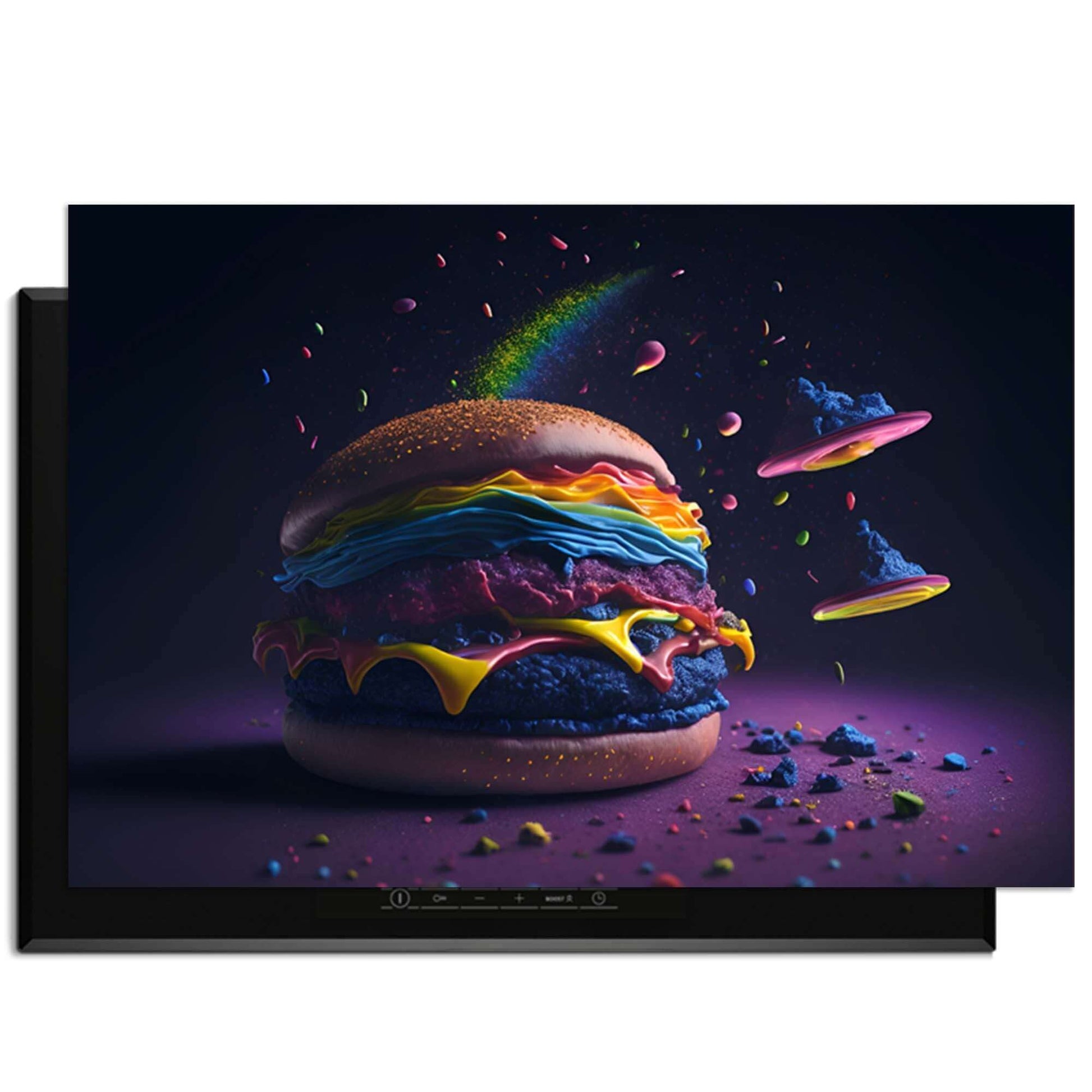 Space Burger - Induction Protector Bild mit buntem Burger in einer kreativen Umgebung.