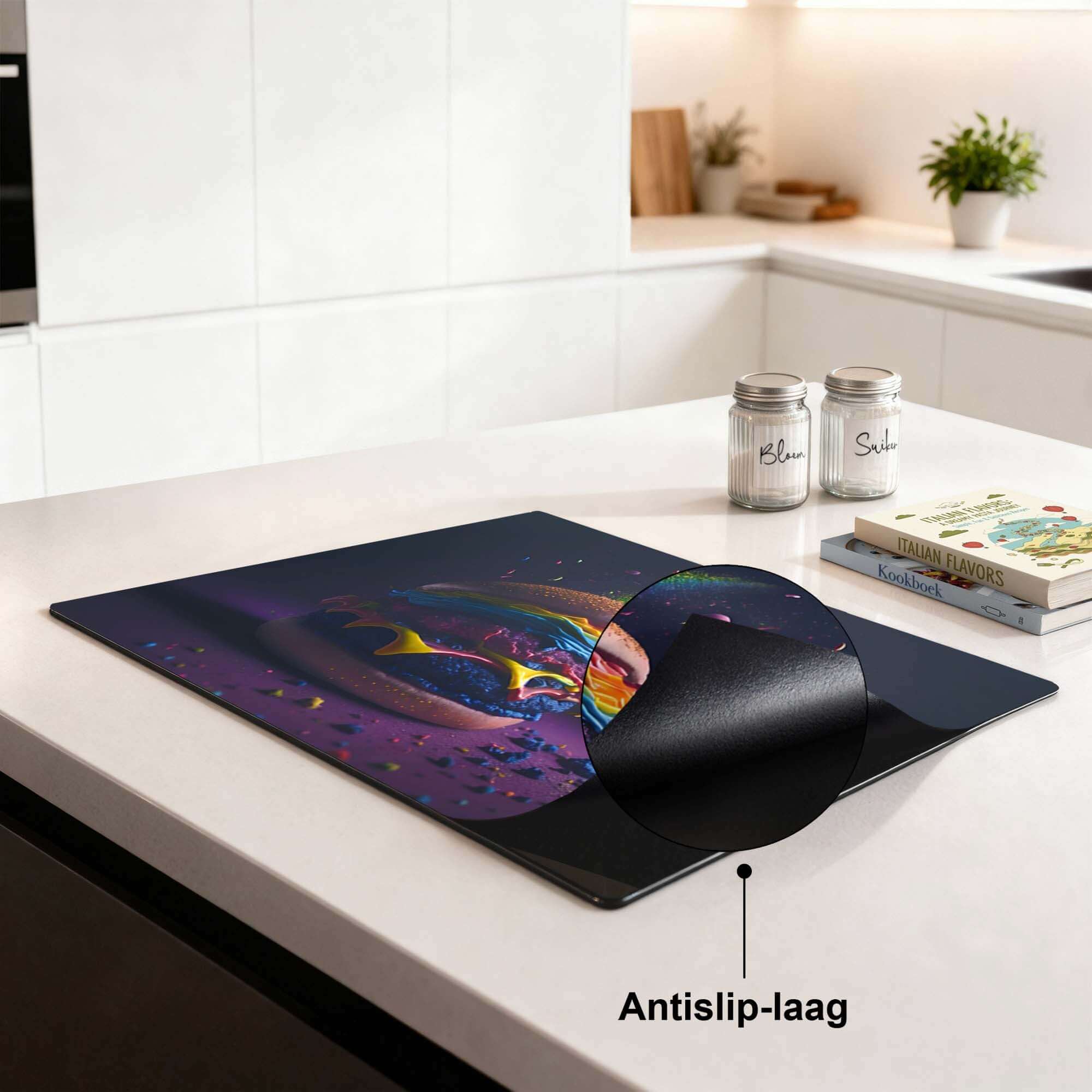 Space Burger - Induktionsschutz mit Anti-Rutsch-Beschichtung auf einer modernen Küchenarbeitsplatte