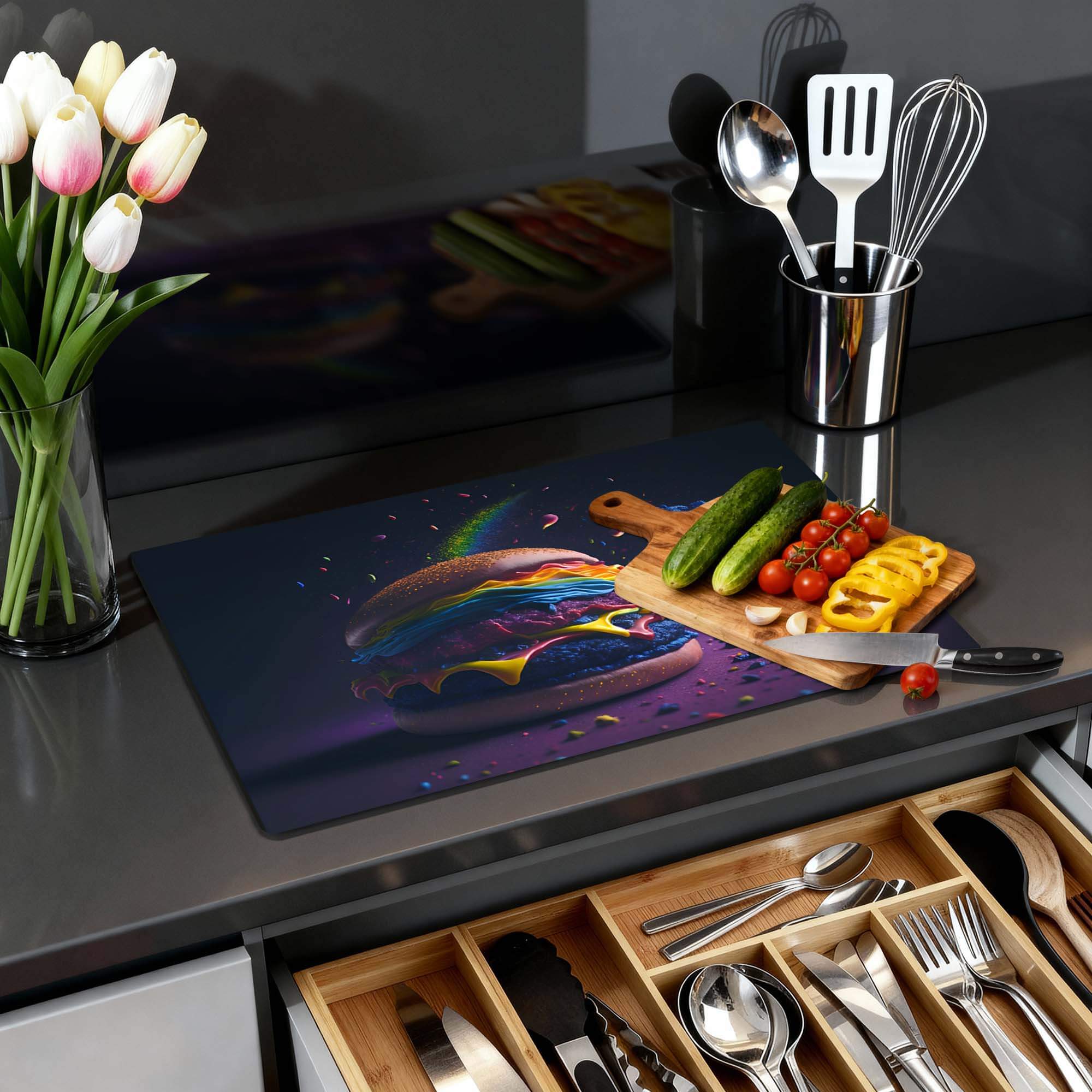 Space Burger - Induktionsschutz auf einer stilvollen Arbeitsplatte mit Gemüse und einem Schneidebrett.