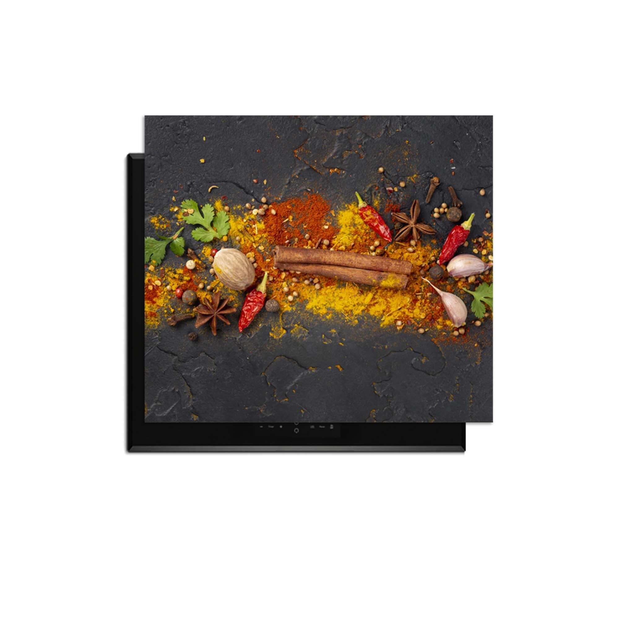 Spice Explosion - Inductie Beschermer met kleurrijke specerijen op een moderne kookplaat.