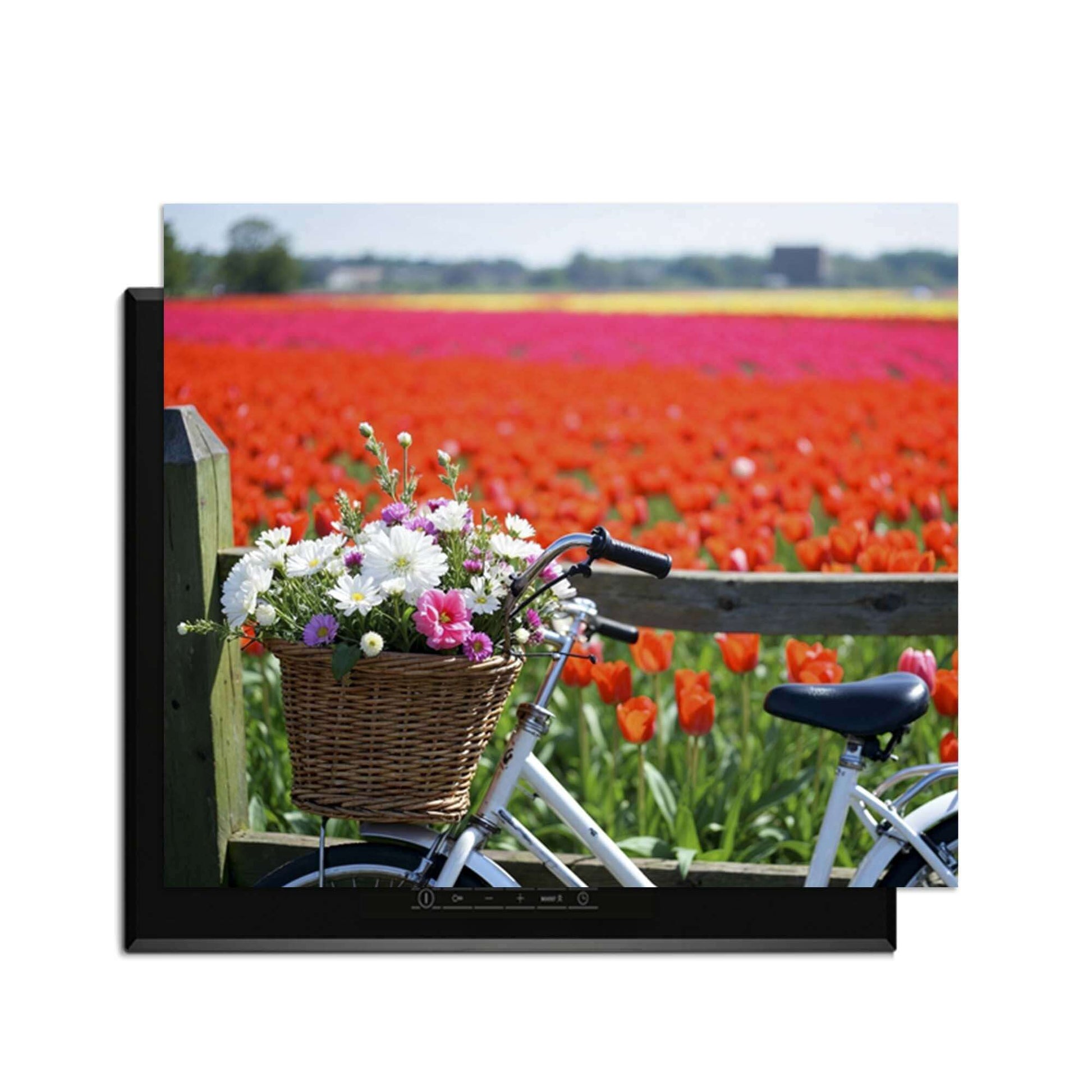 Spring Ride - Inductie Beschermer met een bloemenfiets in een kleurrijk tulpenveld