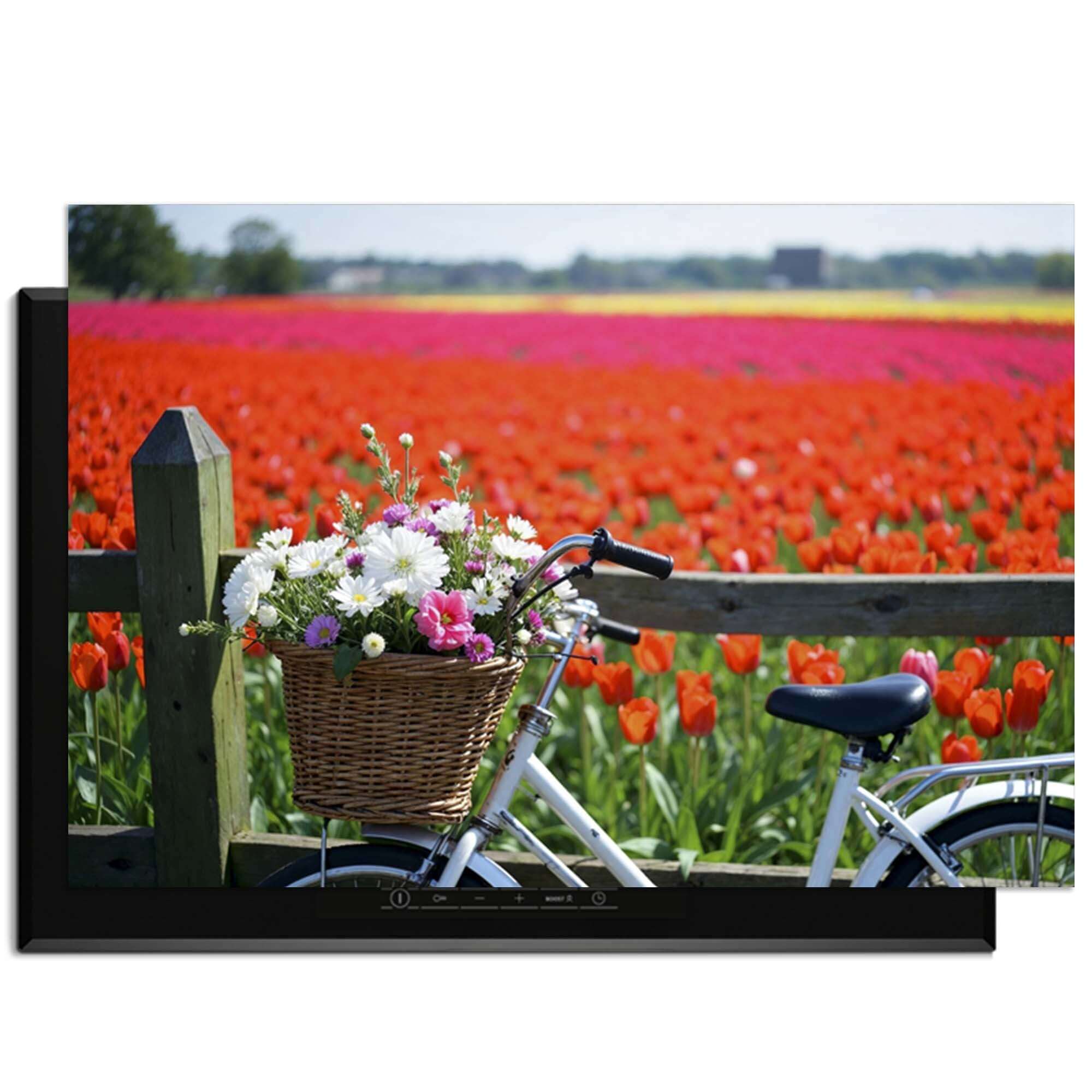 Spring Ride - Inductie Beschermer met een fiets en bloemen in een tulpenveld.
