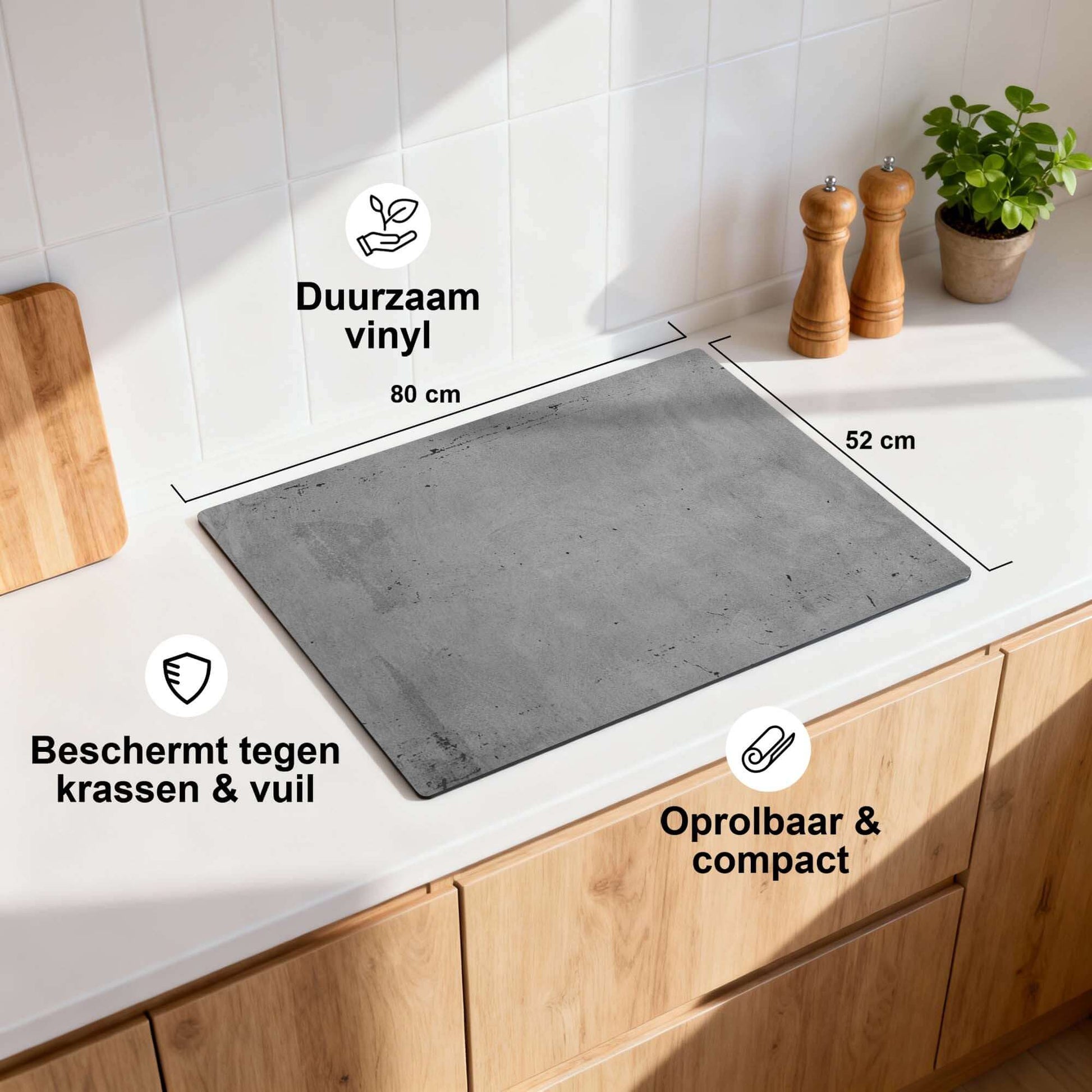 Urban Slate inductiebeschermer met maten, antislip-laag en oprolbaar design.