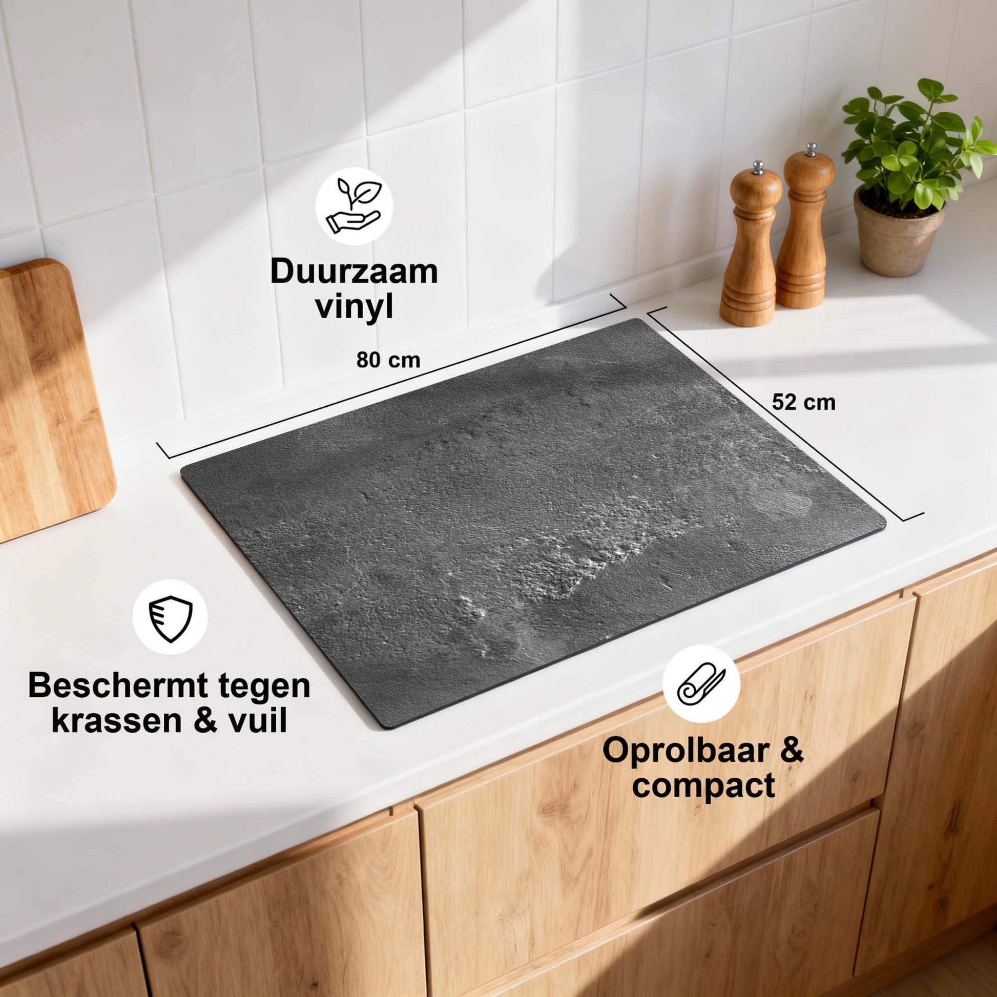 Urban Stone Elegance inductiebeschermer met afmetingen en functies zoals duurzaam vinyl en compact oprolbaar design